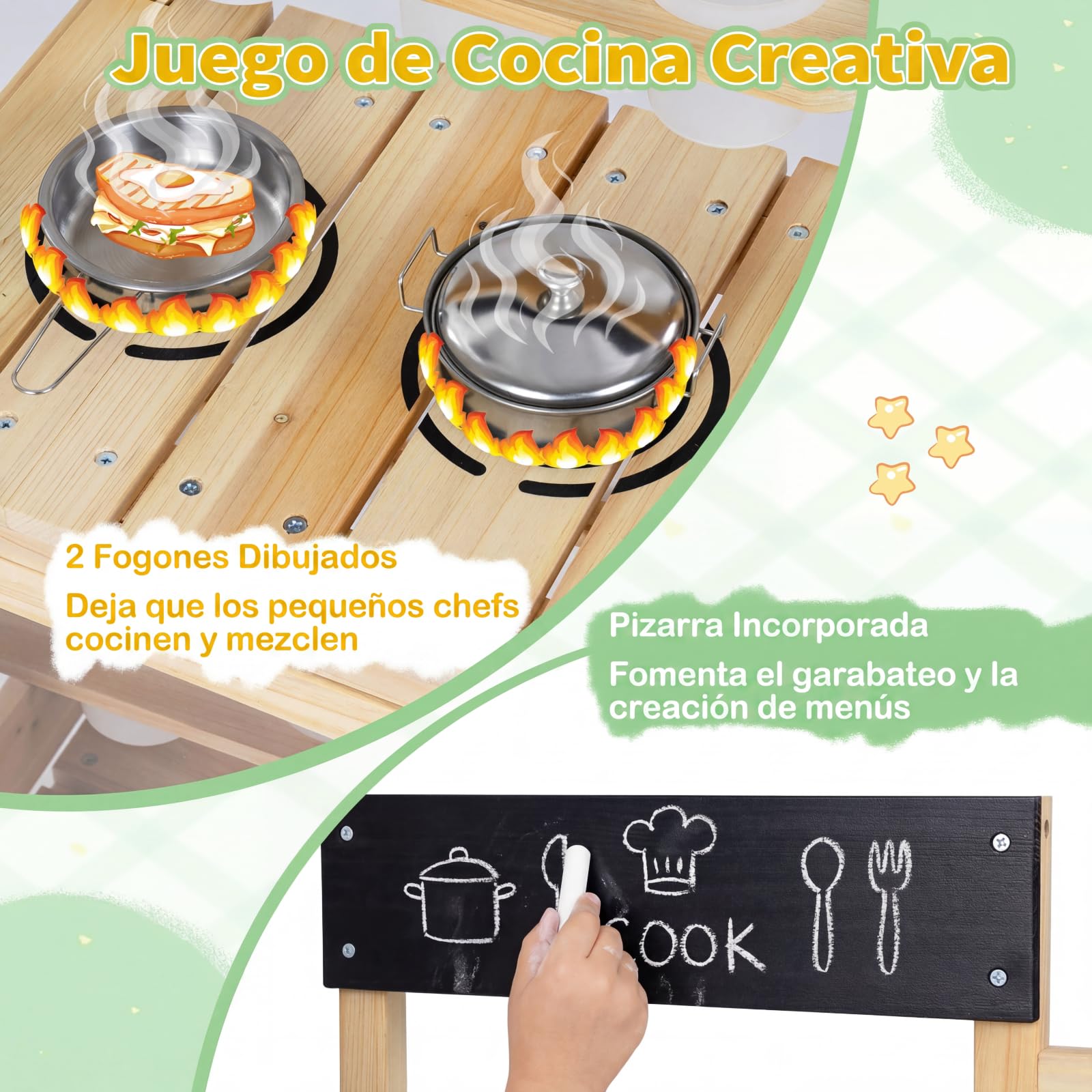 COSTWAY Cocina de Juguete Exterior, Cocinita de Madera Infantil con Fogones, Fregadero, Depósito de Agua, Macetas y Pizarra, Juego de rol de Juguete de Exterior para Niños de 3+ Años