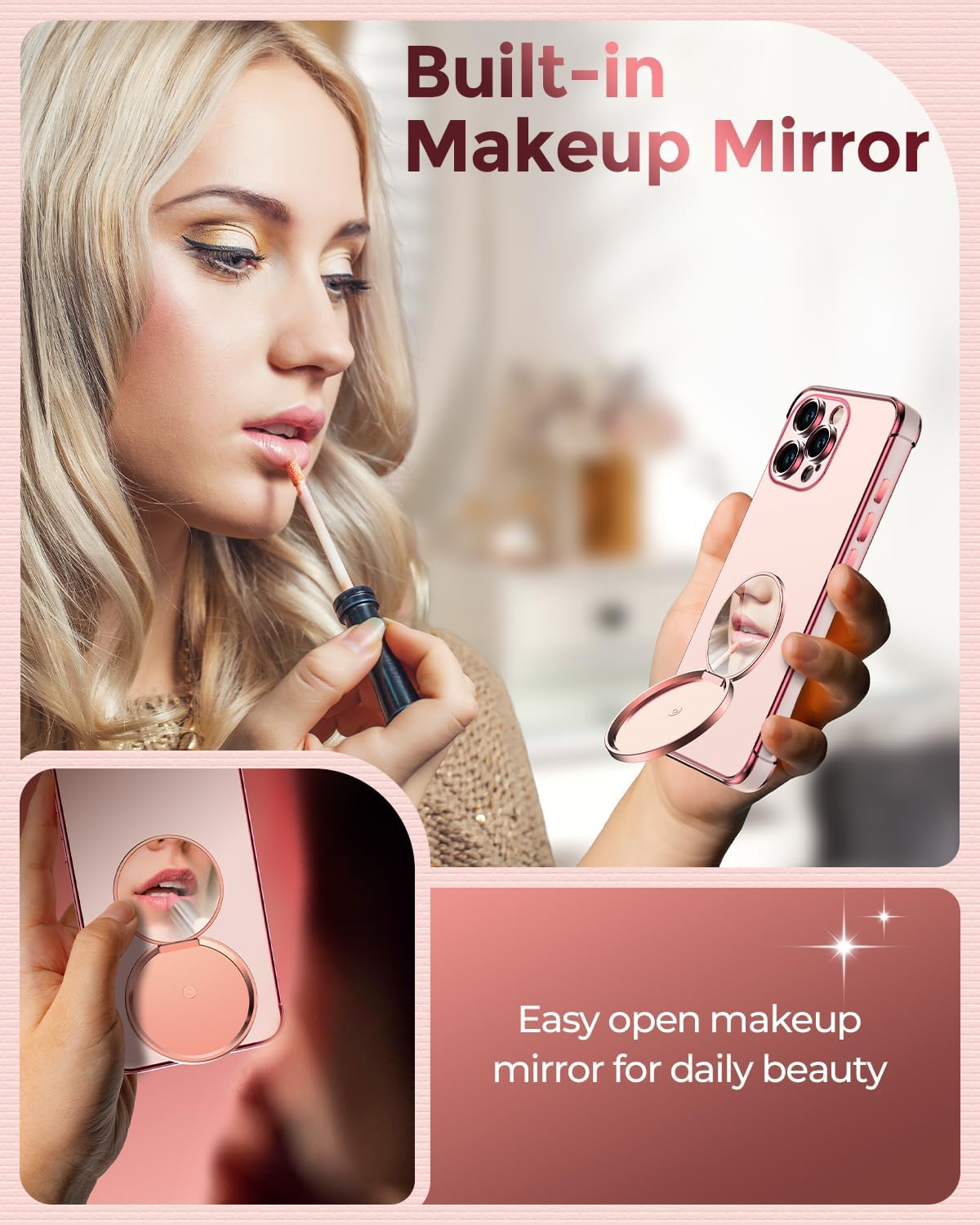 Silverback for iPhone 16 Pro Max Case with Stand, Rotatable Ring Holder & Makeup Mirror, Women Girls Glitter Sparkle Heart Design Protective Cover for iPhone 16 Pro Max 6.9 inch, Pink - Image 2