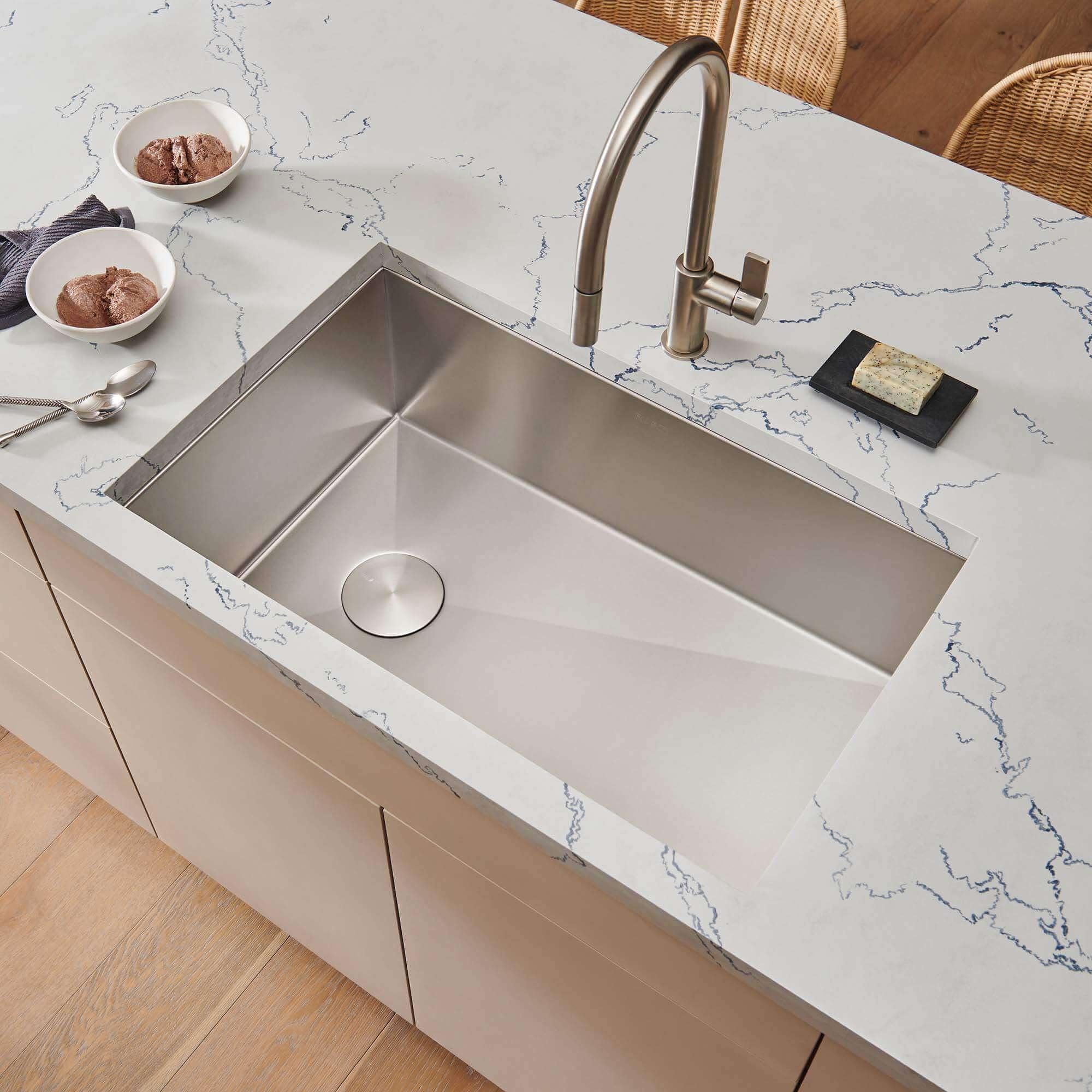 30-inch Rounded Corners Slope Bottom Offset Drain Undermount Kitchen Sink Single Bowl - 16 Gauge Stainless Steel Kitchen Sink with Brushed Finish hides scratches, Easy-to-Clean - RVH7480
