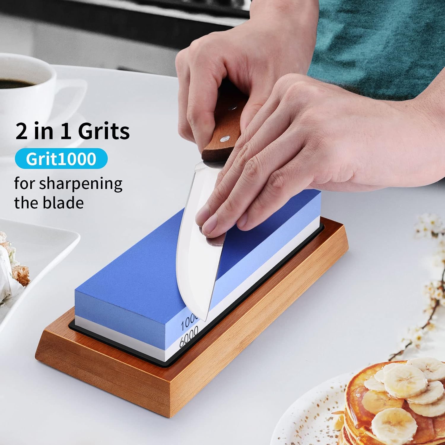 Whetstone Sharpening Stone Knife Sharpener, 2 Side 1000/6000 Grit Knife Sharpening Wet Stone Tool Kit for Kitchen Hunting, Non-Slip Bamboo Base Angle Guide Sharpening Stones for Knives