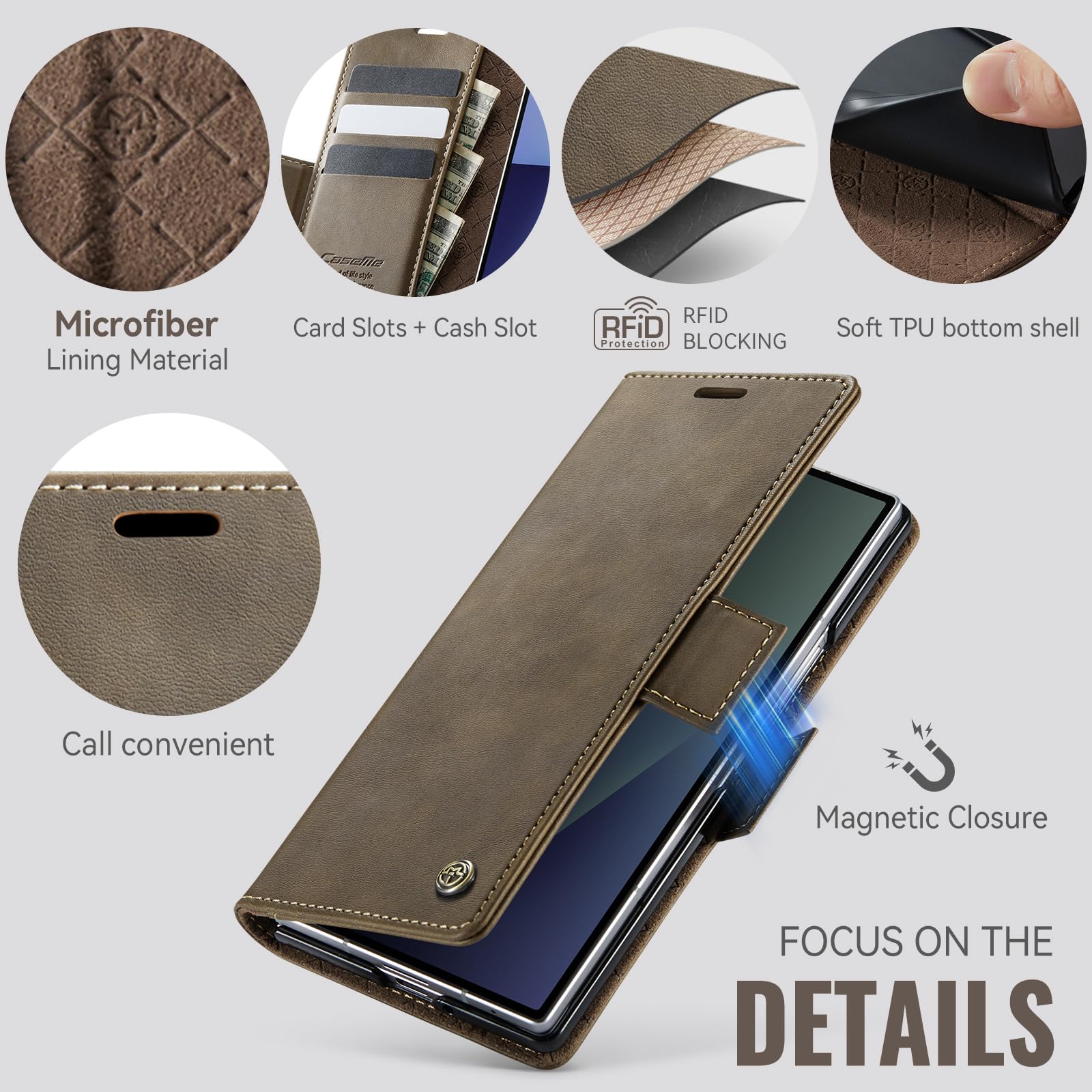 for Samsung Galaxy Z Fold 7 Case, Wallet Case Flip Leather with Card Holder Magnetic Closure Shockproof Kickstand Protective Phone Cases Cover for Galaxy Fold7, Coffee — view 2