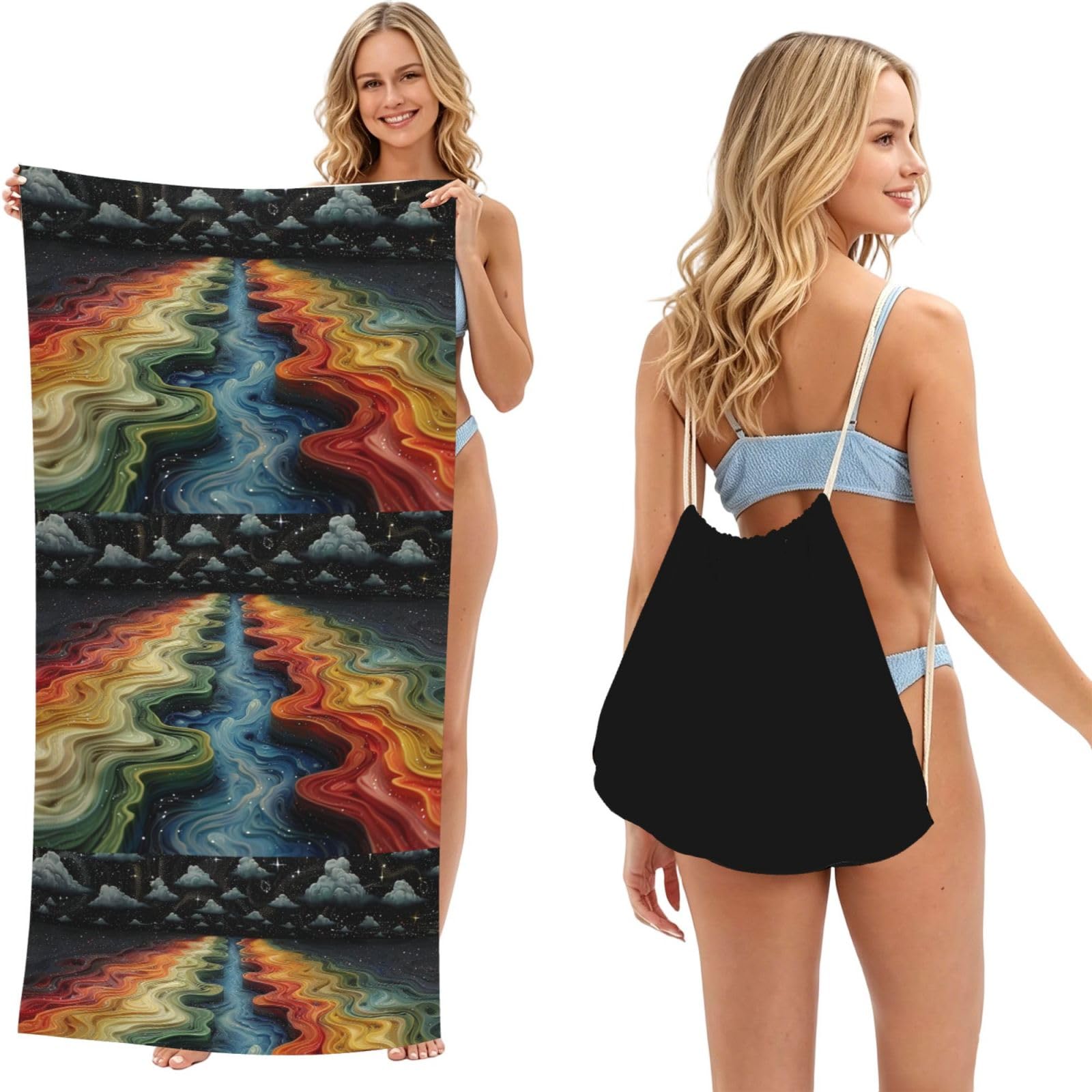 SKGOHLH Colorful River 2in1 Packable Beach Towel Bag Women