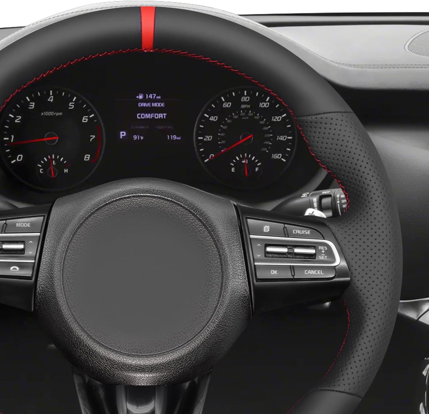 MEWANT Hand Stitch Black Artificial Leather Steering Wheel Cover for Kia Stinger GT 2018-2021(Round Steering Wheel)