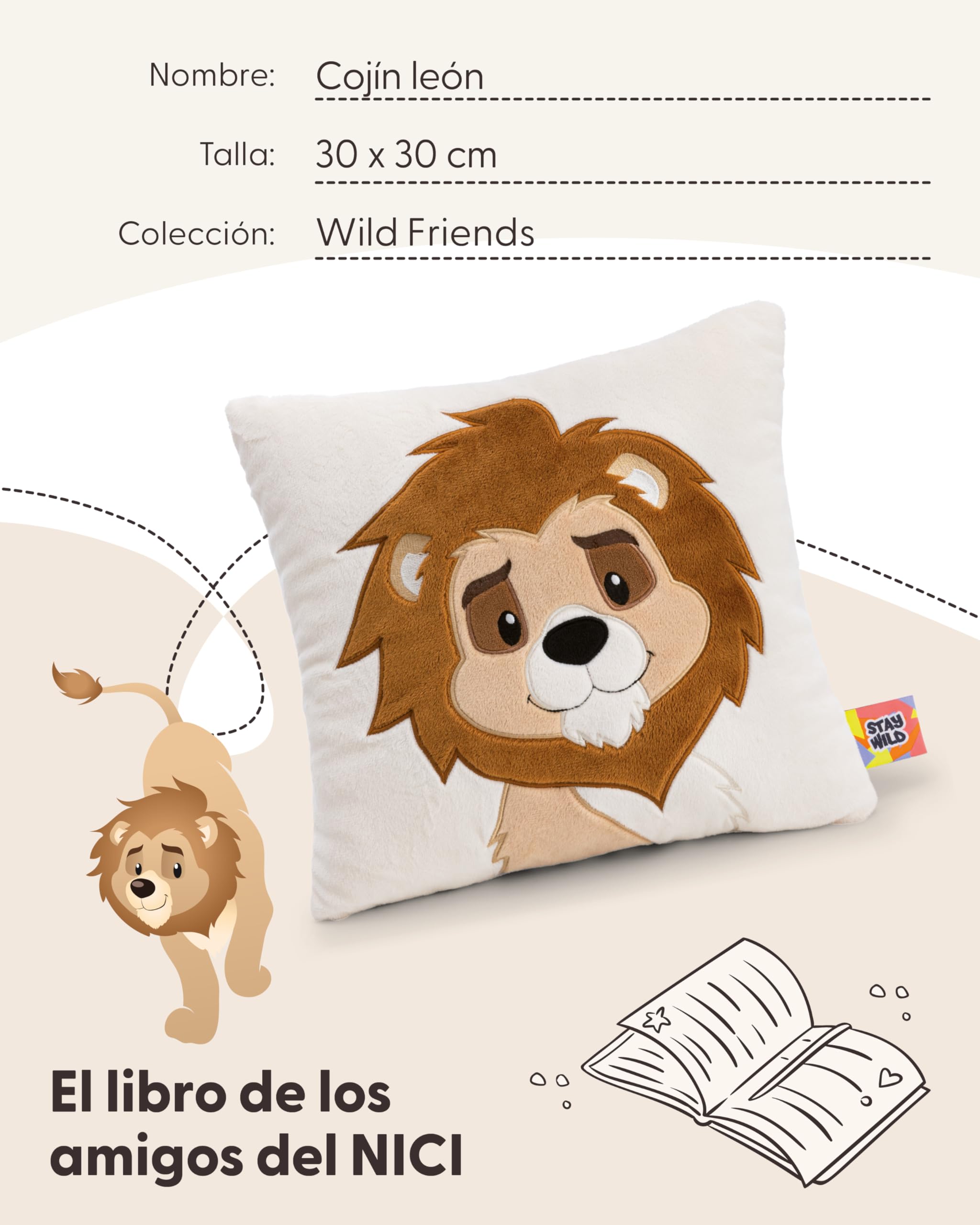 NICI Cojín león 30 x 30 cm, marrón - 62750 | cojín de peluche suave para niños y adultos, cojín de peluche ideal para casa, guardería o para llevar de viaje