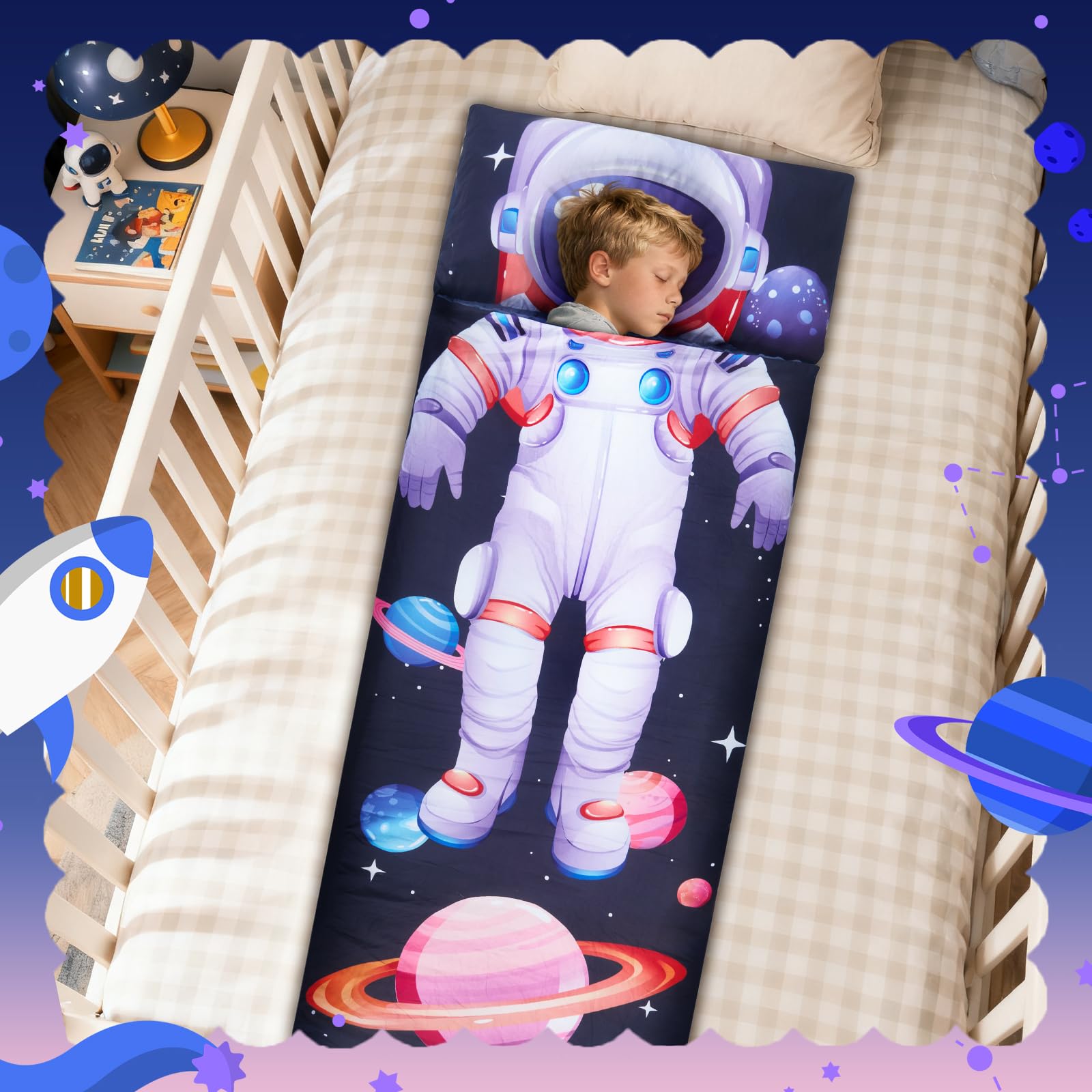 Saco de Dormir Infantil para Niños y Niñas 3-8 Años (120x60 cm), de Algodón con Forro Polar, Ligero y Cálido con Almohada Desmontable, para Guardería, Viaje y Camping