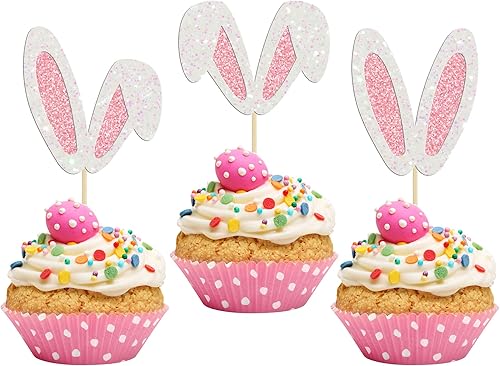 24 piezas de orejas de conejo con purpurina para cupcakes, temática de conejo de Pascua, feliz cumpleaños, palillos de cupcakes para conejito, feliz