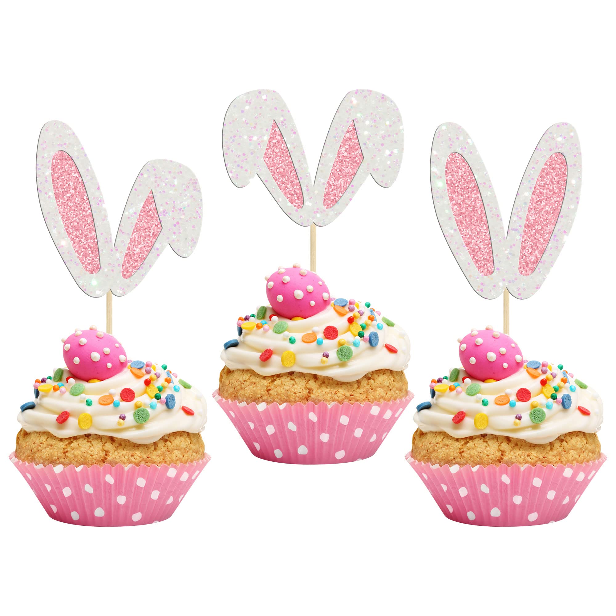 24Pcs Glitter Bunny Ears Cupcake Toppers Easter Rabbit Theme Happy Birthday Cupcake Picks for Bunny Happy Easter Baby Shower Birthday Spring Easter Party Cake Decorations