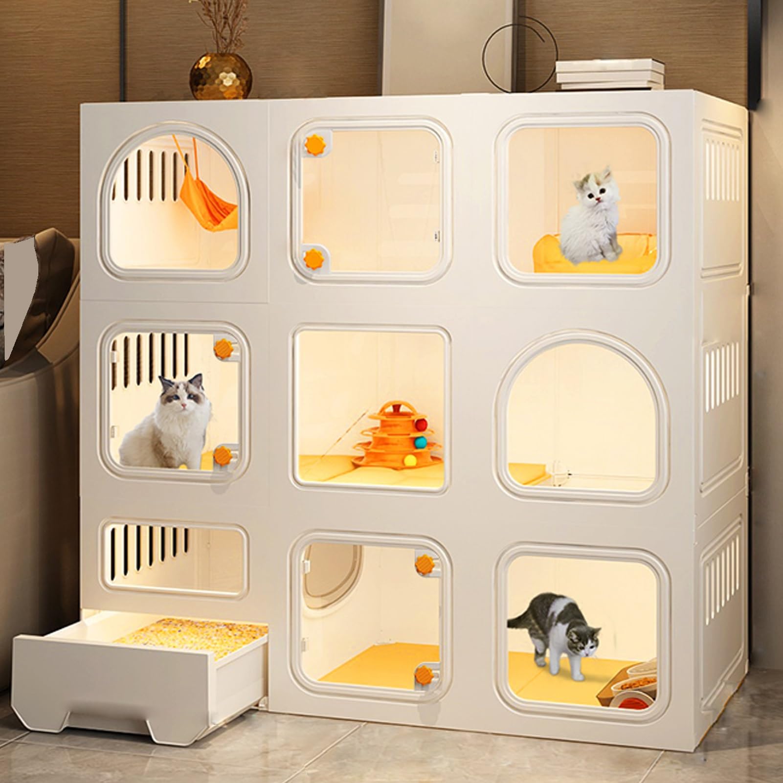 Jaula para gatos con Caja de Arena para gatos, caseta grande para gatos de 2/3 Niveles, Parque Infantil Interior para Animales pequeños, Lugar de entrenami（）