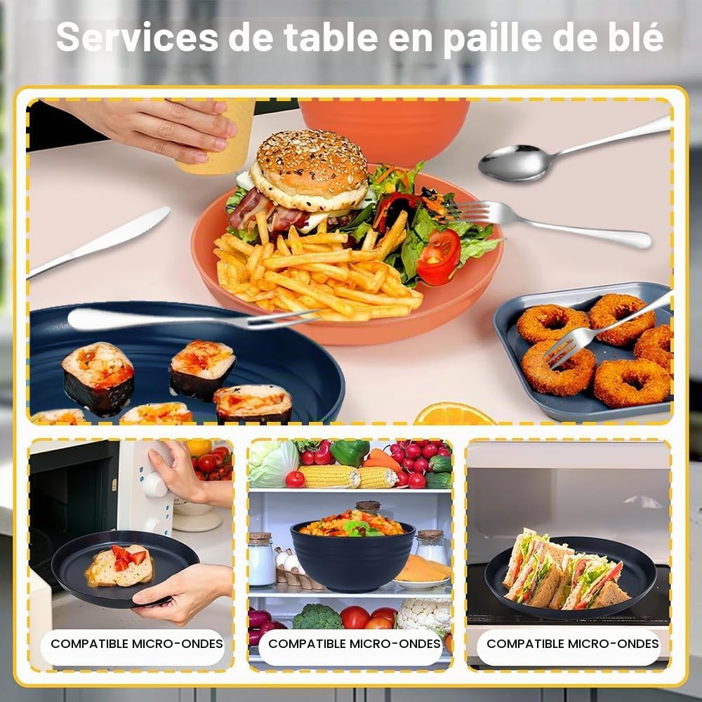 Kit Vaisselle Camping,Assiette Plastique Reutilisable,pour 4 Personnes Vaisselle Camping Car,Set Pique Nique de 40 Pièces,Bols, Couverts,Assiettes et Tasses pour Pique-, en Plein Air