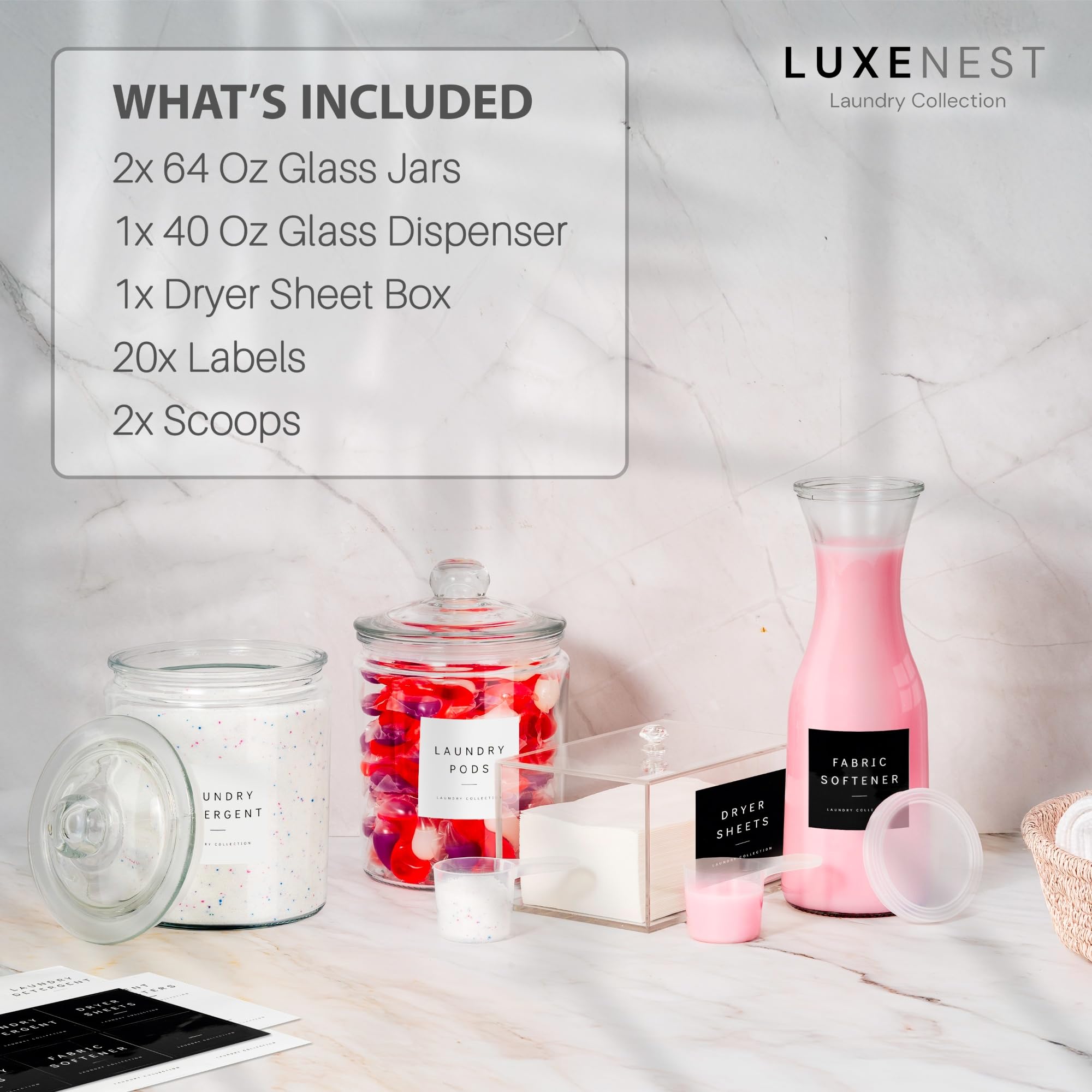 Glass Laundry Room Organization and Storage Set with Pods Holder, Detergent Container, Fabric Softener, Scent Booster Dryer Balls Acrylic Dryer Sheet Holder 2 Half Gallon Glass Jars Labels (4)