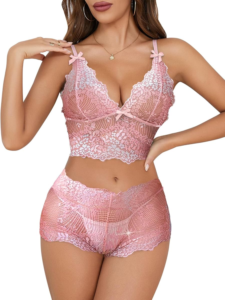 Sexy Lingerie Set 2 Piece Women Pajamas Bra and Panty 3XS-5XL | High Waisted Sheer Lace Plus Size Curvy Exotic Matching Bralette Boyshort See Through Boudoir Sleepwear Valentine's Christmas