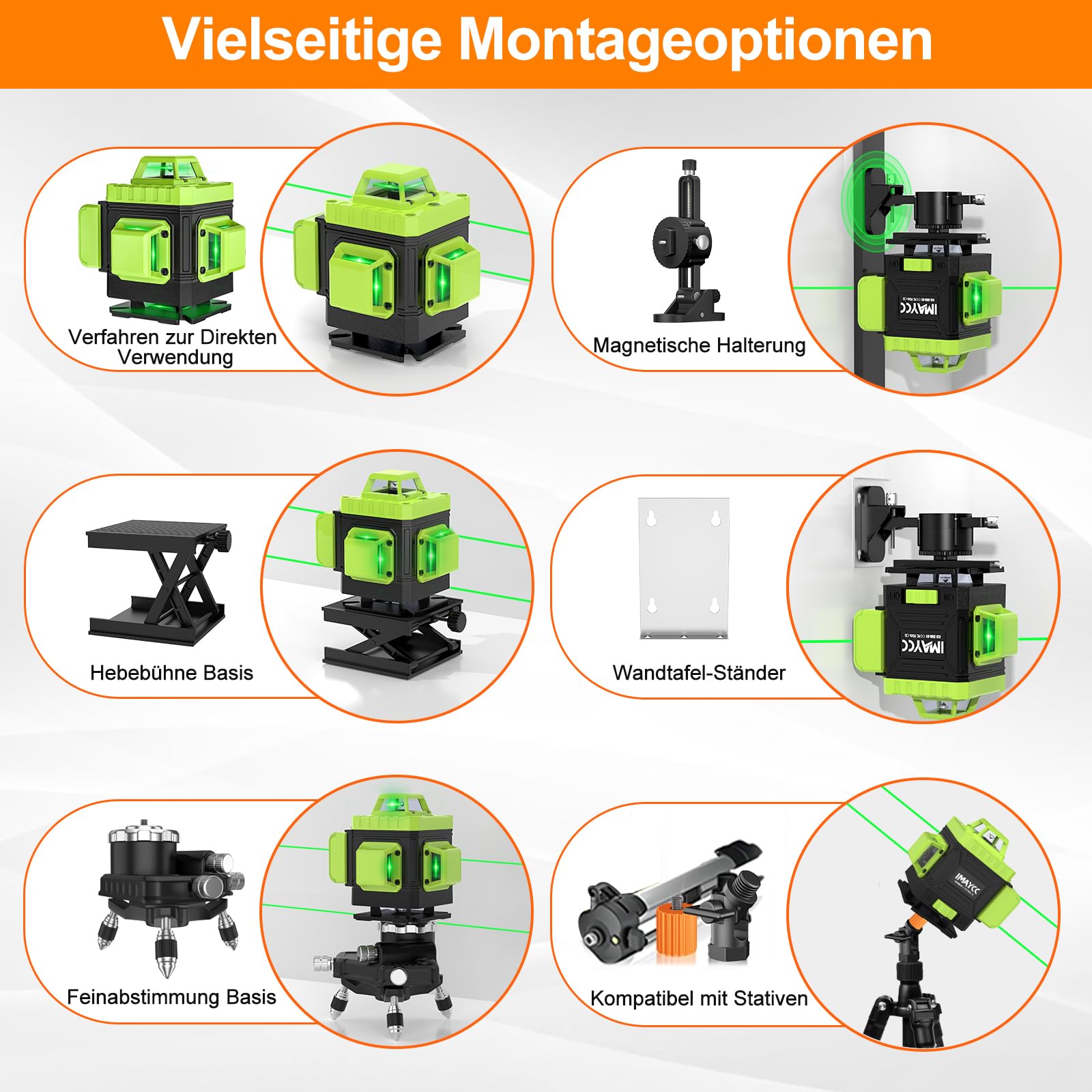 IMAYCC Livella Laser Autolivellante 16 Linee 4D X 360 Verde Luminosità Regolabile con Modalità Manuale e a Impulsi per Interni ed Esterni, 2xBatteria, Telecomando, Caricatore e Così Via