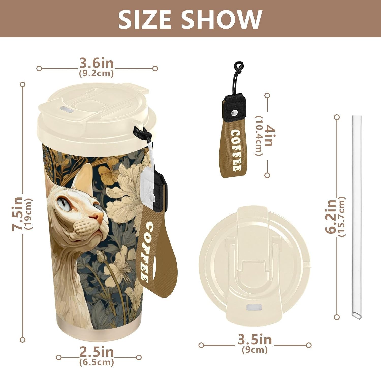 Insulated Coffee Mug Hairless Floral Gold with Straw & Flip Lid, 16.9oz Iced Tumbler Cup, Double Wall Vacuum Mug for Travel Office Camping