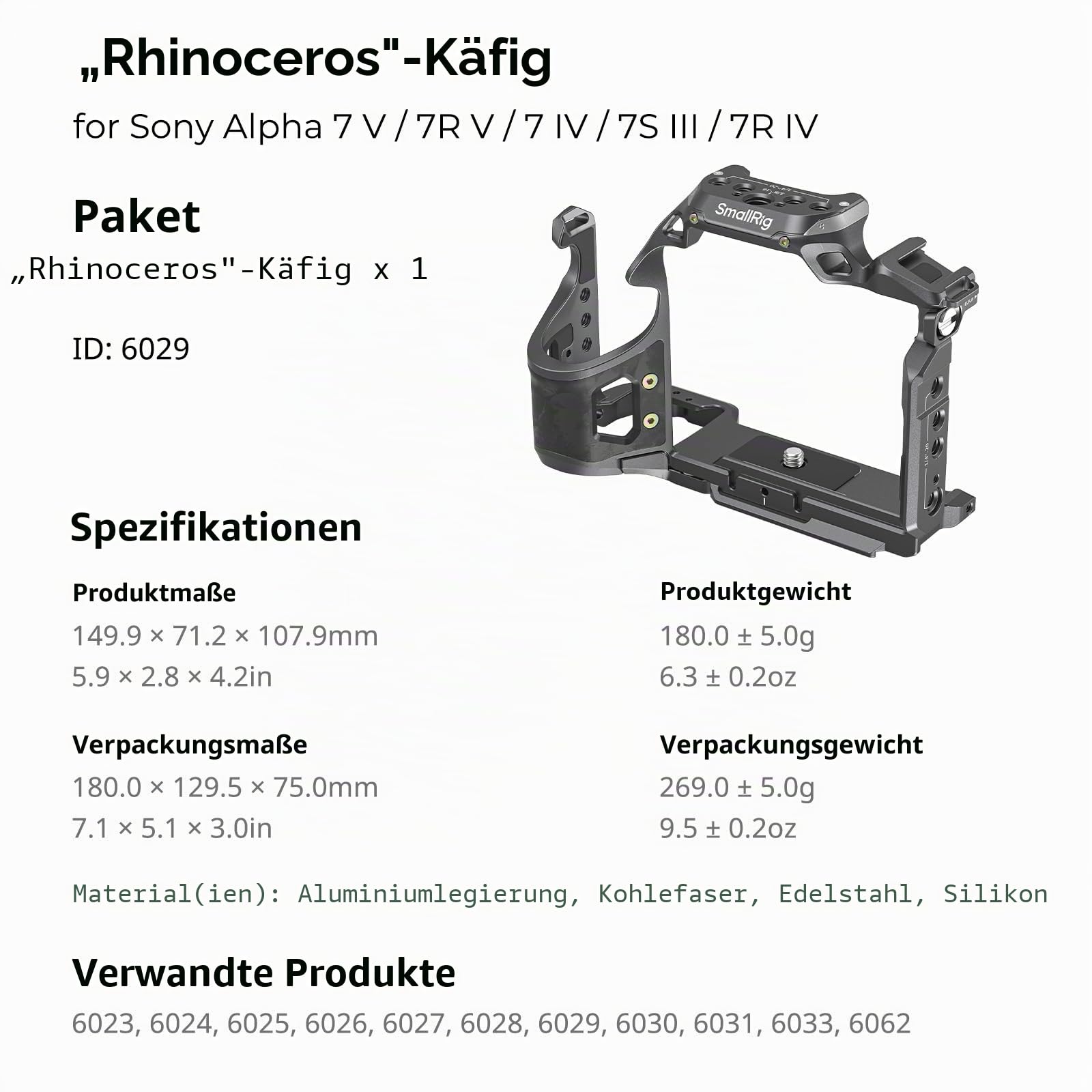 SMALLRIG A7 V / A7R V / A7 IV “Rhinoceros“ Cage für Sony Alpha 7 V/Alpha 7R V/Alpha 7 IV/Alpha 7S III/Alpha 7R IV, neues Elegantes und schlankes Design - 6029