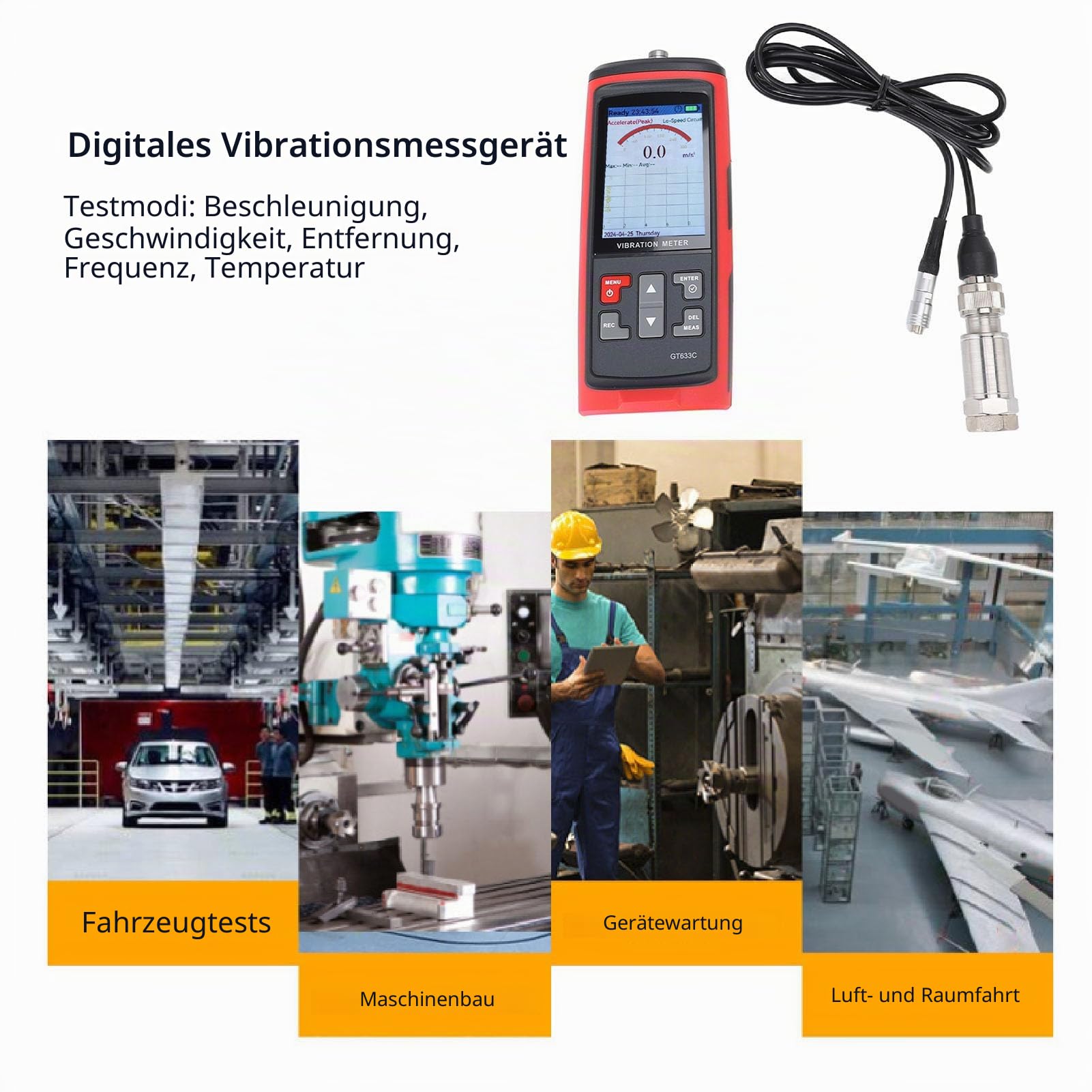 Schwingungsmessgerät, LCD-Farbdisplay Digitaler Schwingungsanalysator, Beschleunigung, Geschwindigkeit, Abstand, Frequenz, Temperatur, Prüfmodi Handheld-Vibrationsmessgerät