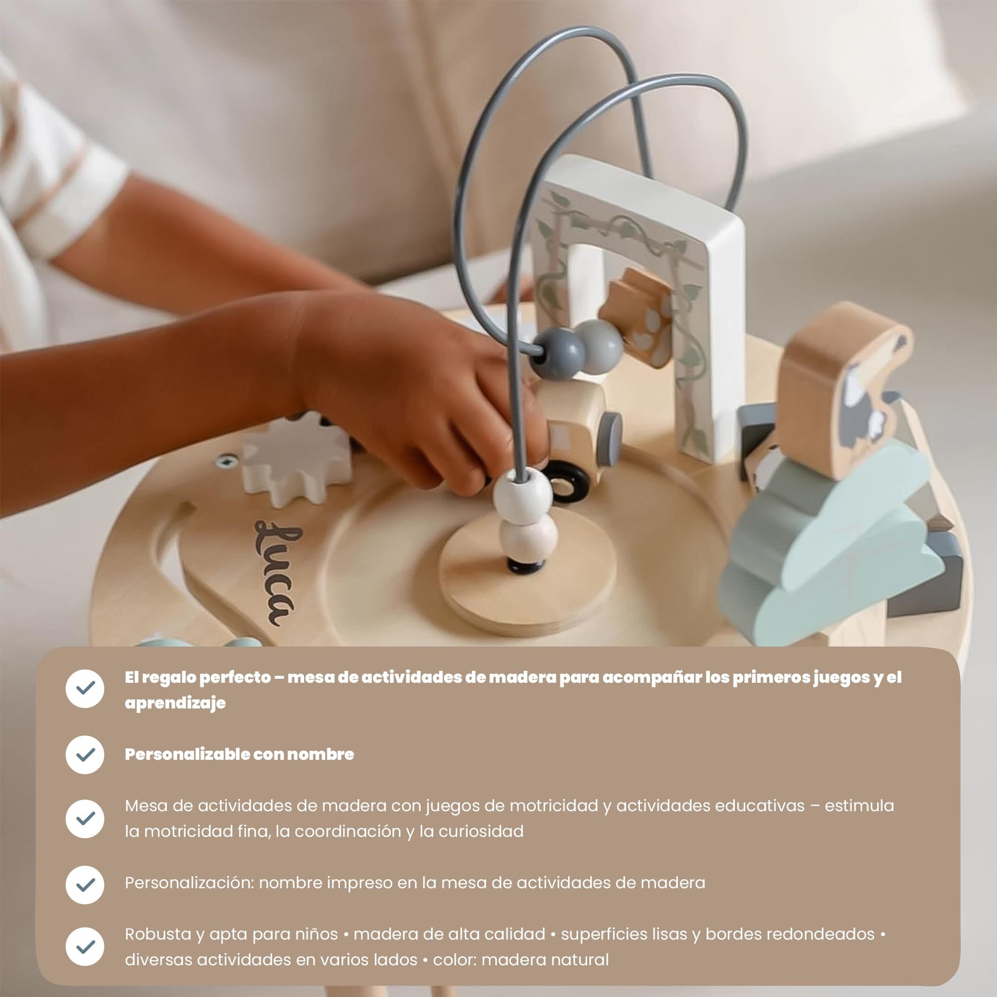 Personalizable Mesa de Actividades de Madera – Juegos de motricidad y Actividades educativas – para bebés y niños pequeños – Personalizada con Nombre – Tryco
