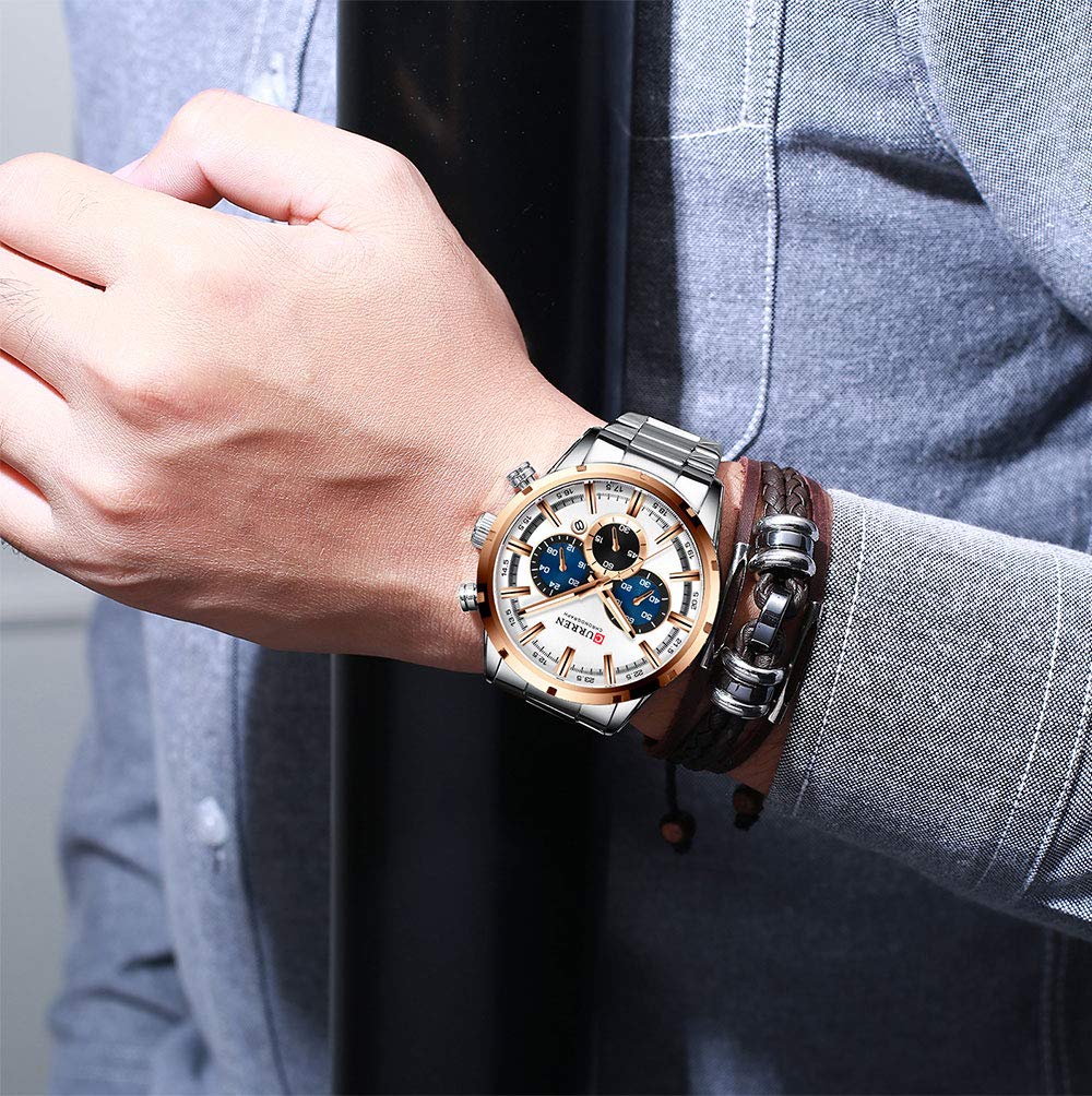 FANMIS Herren Luxus Uhren Business Chronograph Kleid Wasserdicht Edelstahl Analog Quarz Armbanduhr, C Gold Weiß, Chronograph, Quarzuhr