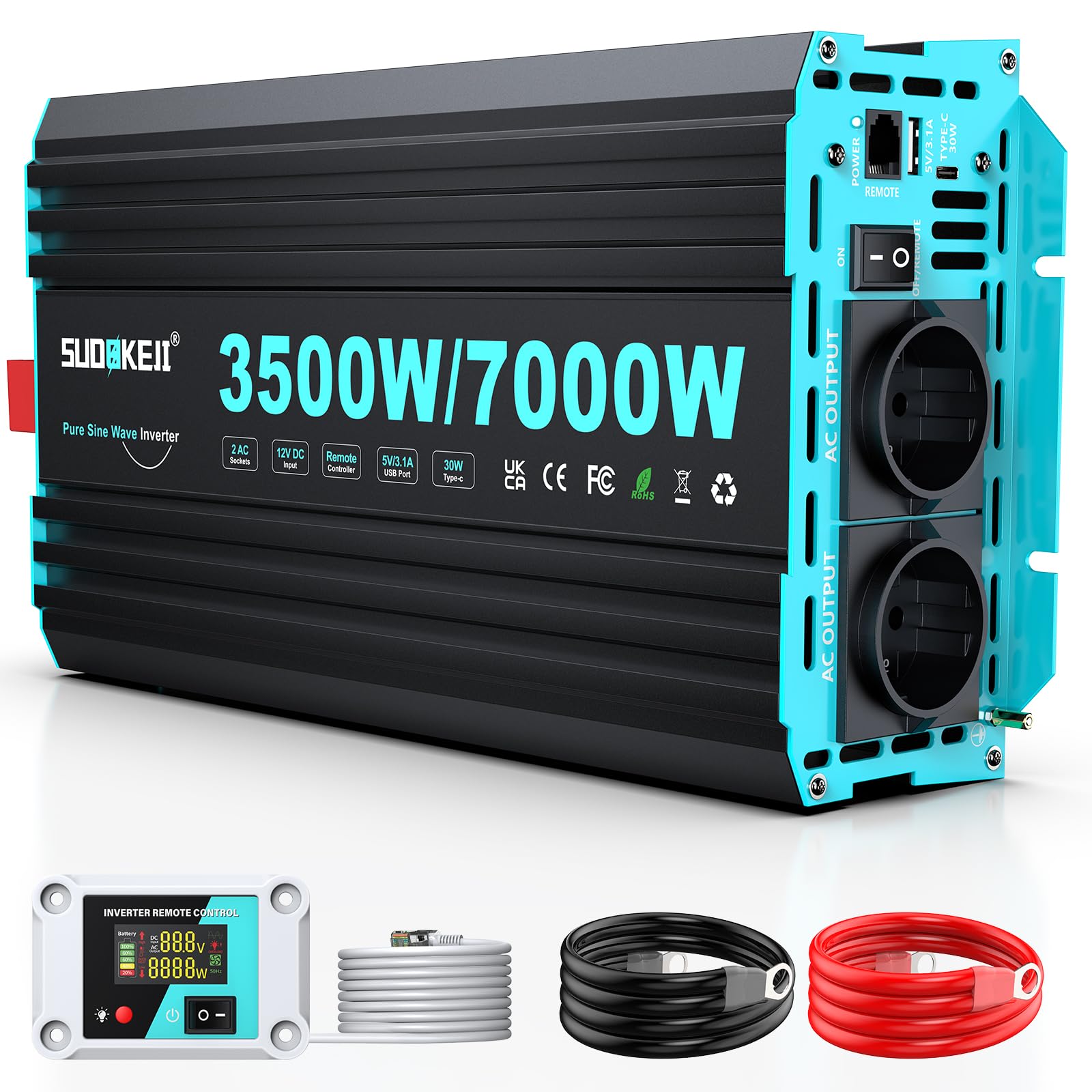 Inversor SUDOKEJI 3500W/7000W de Onda Sinusoidal Pura, Convertidor 12V-230V con Mando LCD, Puertos USB/Tipo-C y 2 Tomas UE para Solar, Vehículos y Autocaravanas