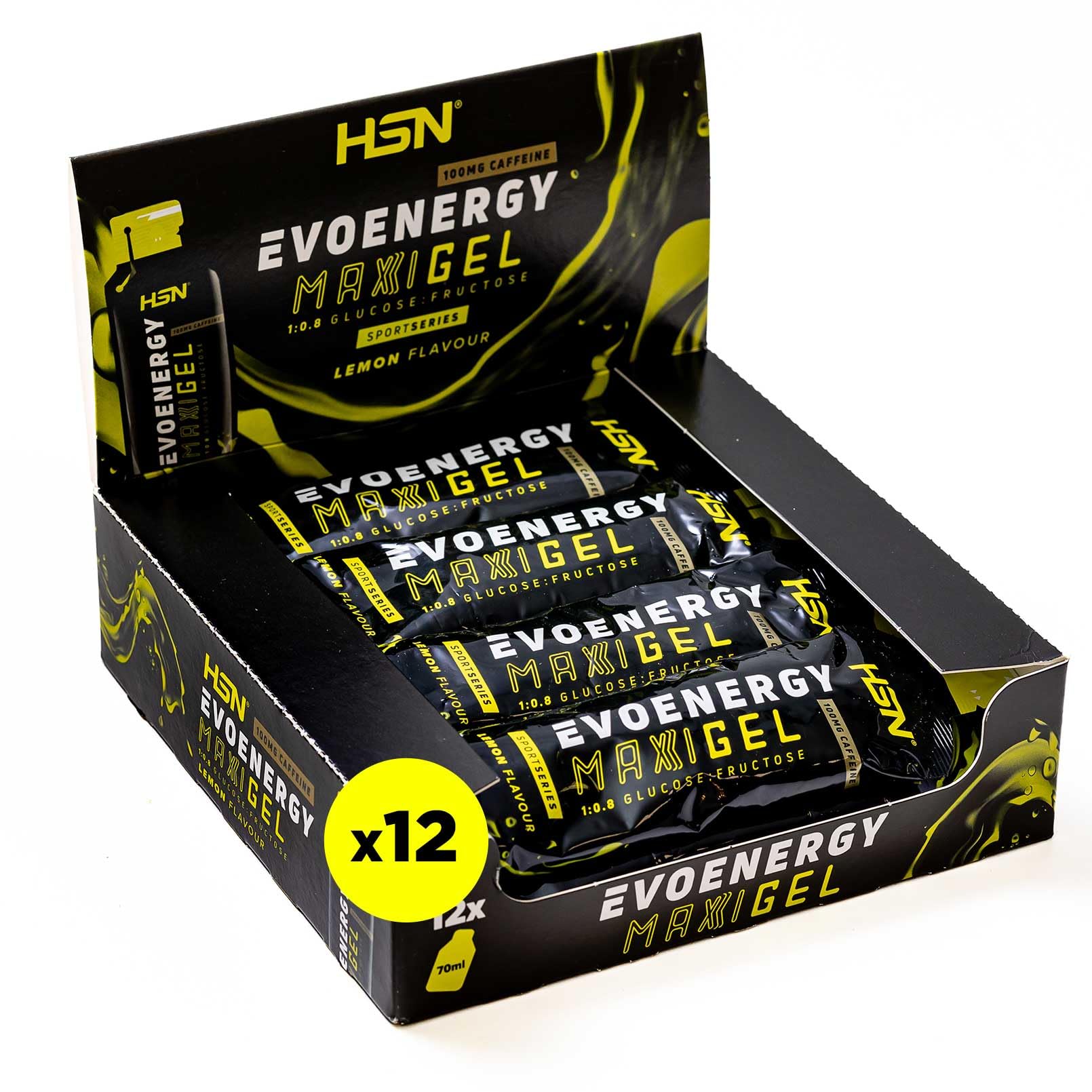 HSN Evonergy Maxigel Con Cafeína | Limón - Caja 12 Unidades de 70ml | 60g Carbohidratos por Gel Relación 1:0,8 (Glucosa:Fructosa) | Textura fluida | No-GMO, Vegano, Sin Gluten ni Lactosa