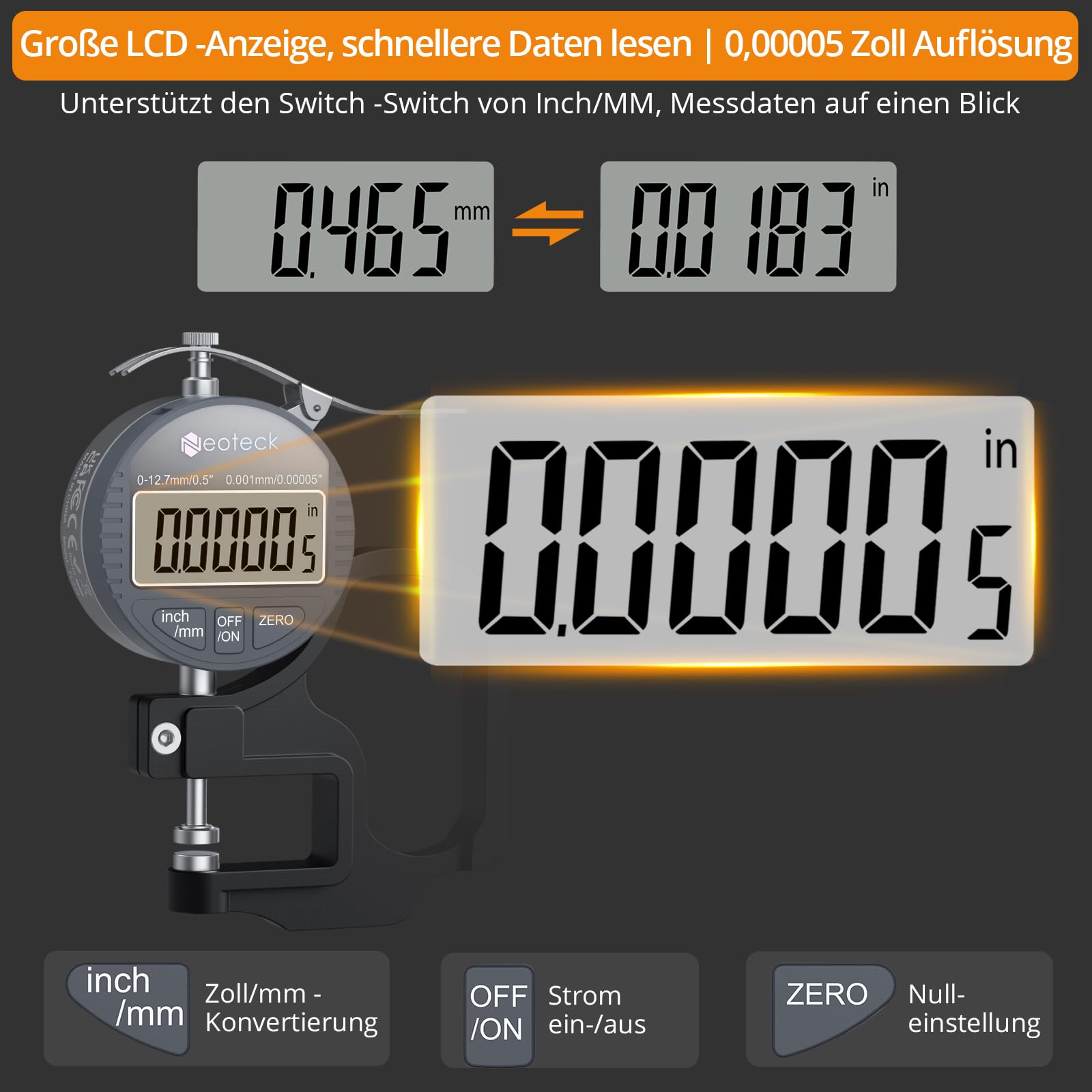 Digitales Dickenmessgerät, Messbereich 0–12,7 Mm, Elektronisches Mikrometer mit LCD-Display Digitales Dickenmessgerät, Messbereich 0–12,7 Mm, Elektronisches Mikrometer mit LCD-Display