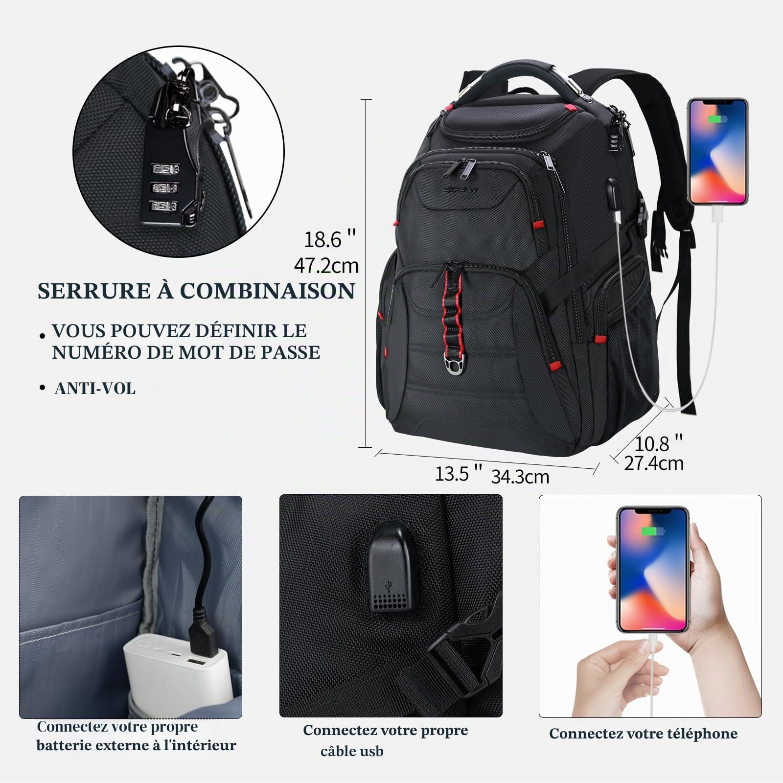 EMPSIGN Sac à Dos Homme Ordinateur 17.3 Pouces Imperméable avec USB Charging Port PC Portable Grande Capacité Voyage Scolaire Collège Affaire Noir