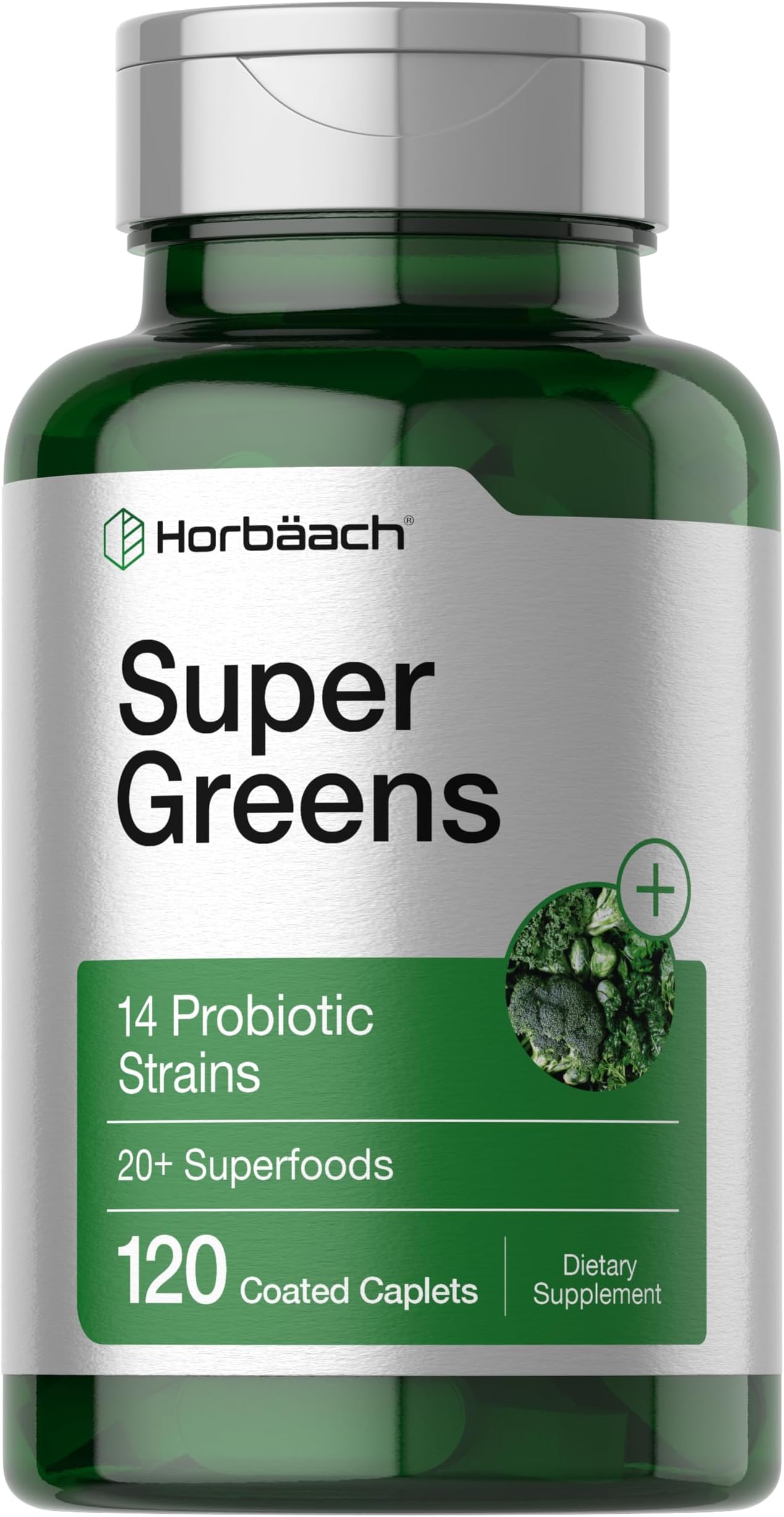 Horbäach Super Greens Supplement with Probiotics | 120 Caplets
