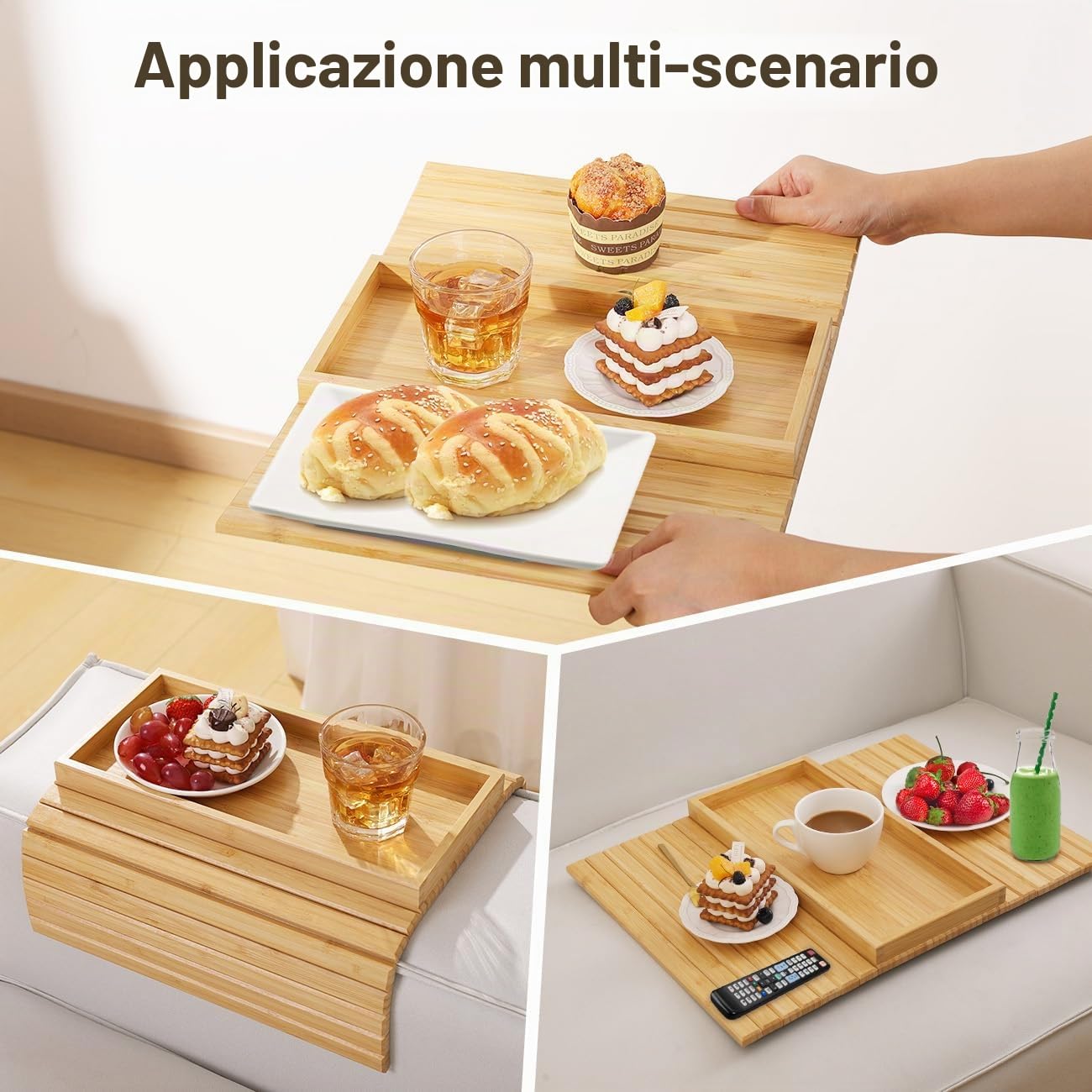 Tavolino da Braccio per Divano, Vassoio da Braccio per Divano in Bambù, Vassoio da Bracciolo per Divano, Vassoio Pieghevole da Tavolo Laterale, per Snack/Telefono/Controllo/Tazze