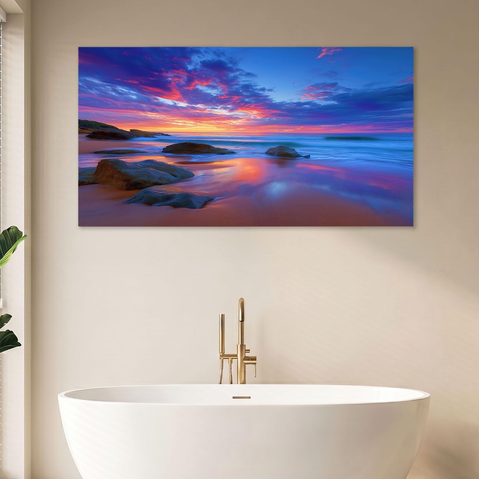 Obraz ścienny natura wybrzeże obraz na płótnie - płótno ścienne 120 x 80 cm druk na płótnie z plażą wieczorną czerwień chmury, oprawiona sztuka ścienna do salonu i sypialni, dekoracja ścienna