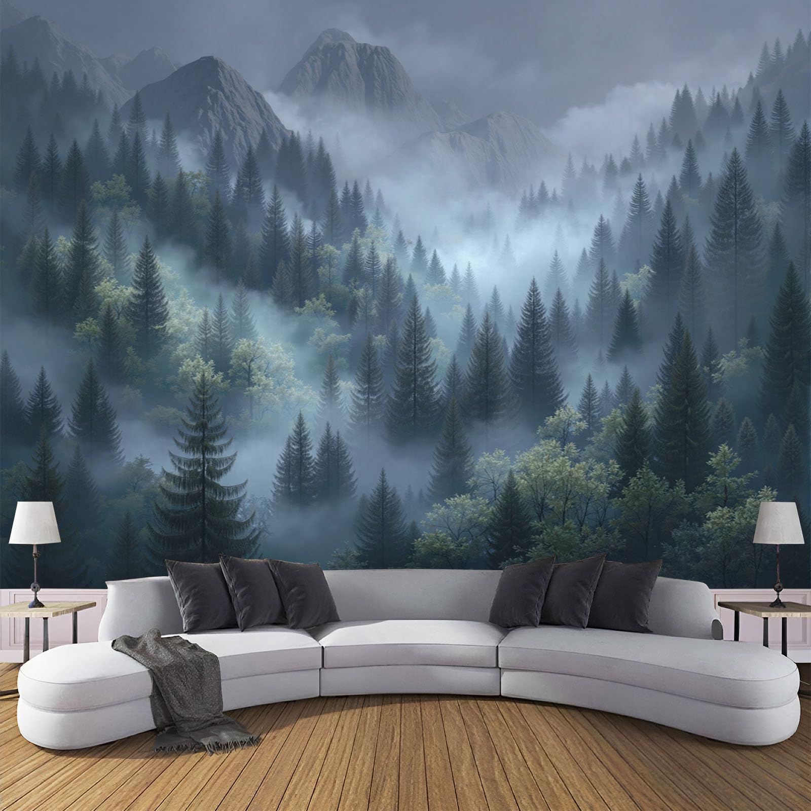 Papier peint soie brume de pin, décoration murale panoramique haut de gamme 300x210cm