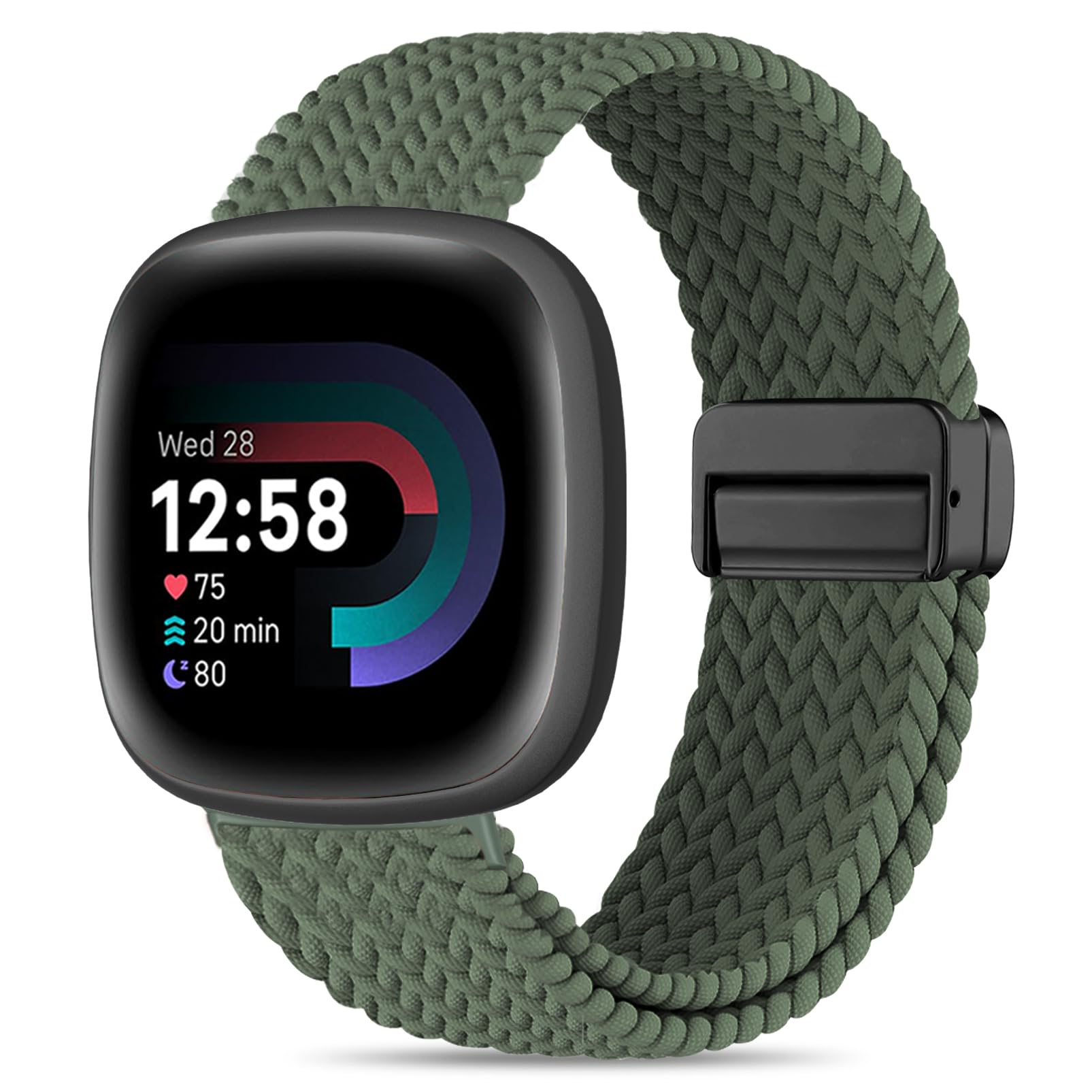 HSWAI Magnetic Braided Compatible with Fitbit Versa 4 Bands for Women/Versa 3/Sense/Sense 2 Bands, Soft Stretchy Sport Strap Woven Loop Elastic Nylon Wristbands Men