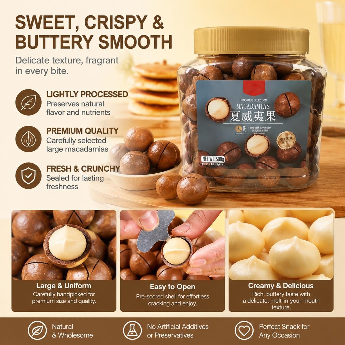 Nueces De Macadamia Premium 500g - Nueces Enteras En Cáscara Con Abridor | Nueces de macadamia gigantes 22-26mm con sabor cremoso. Incluye llave abridora de metal para pelar fácilmente.