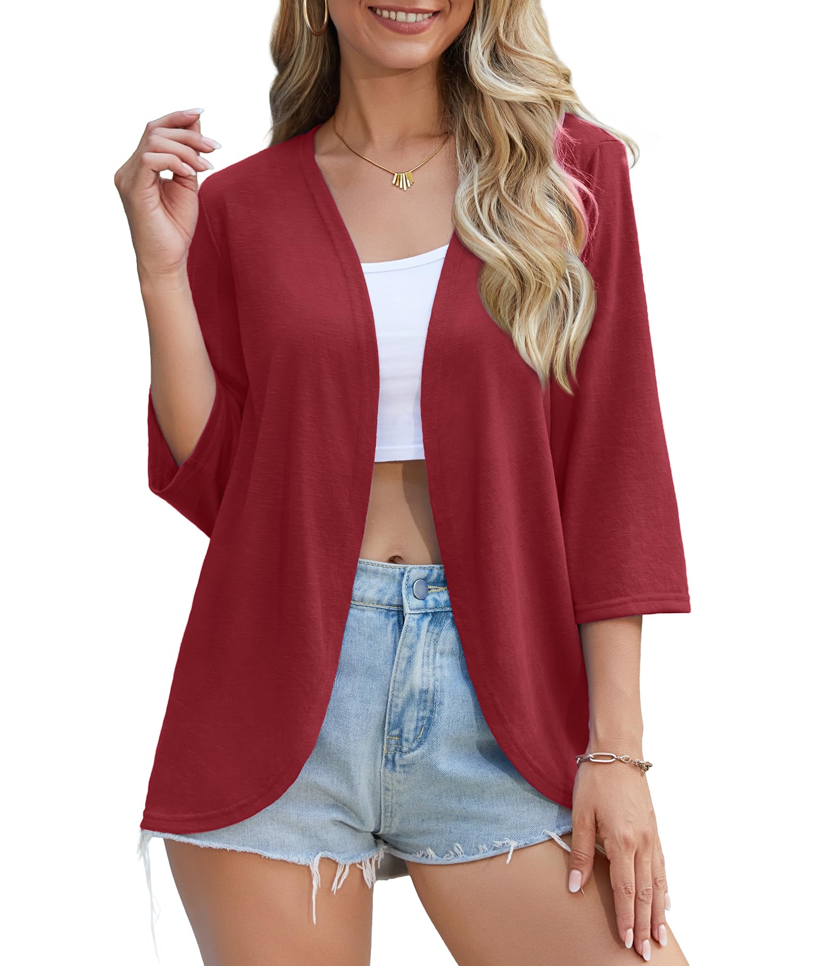 CZYINXIAN Womens Casual 3 4 Sleeve Cover Up Summer Lightweight Open Front Curved Hem Soft Cardigans