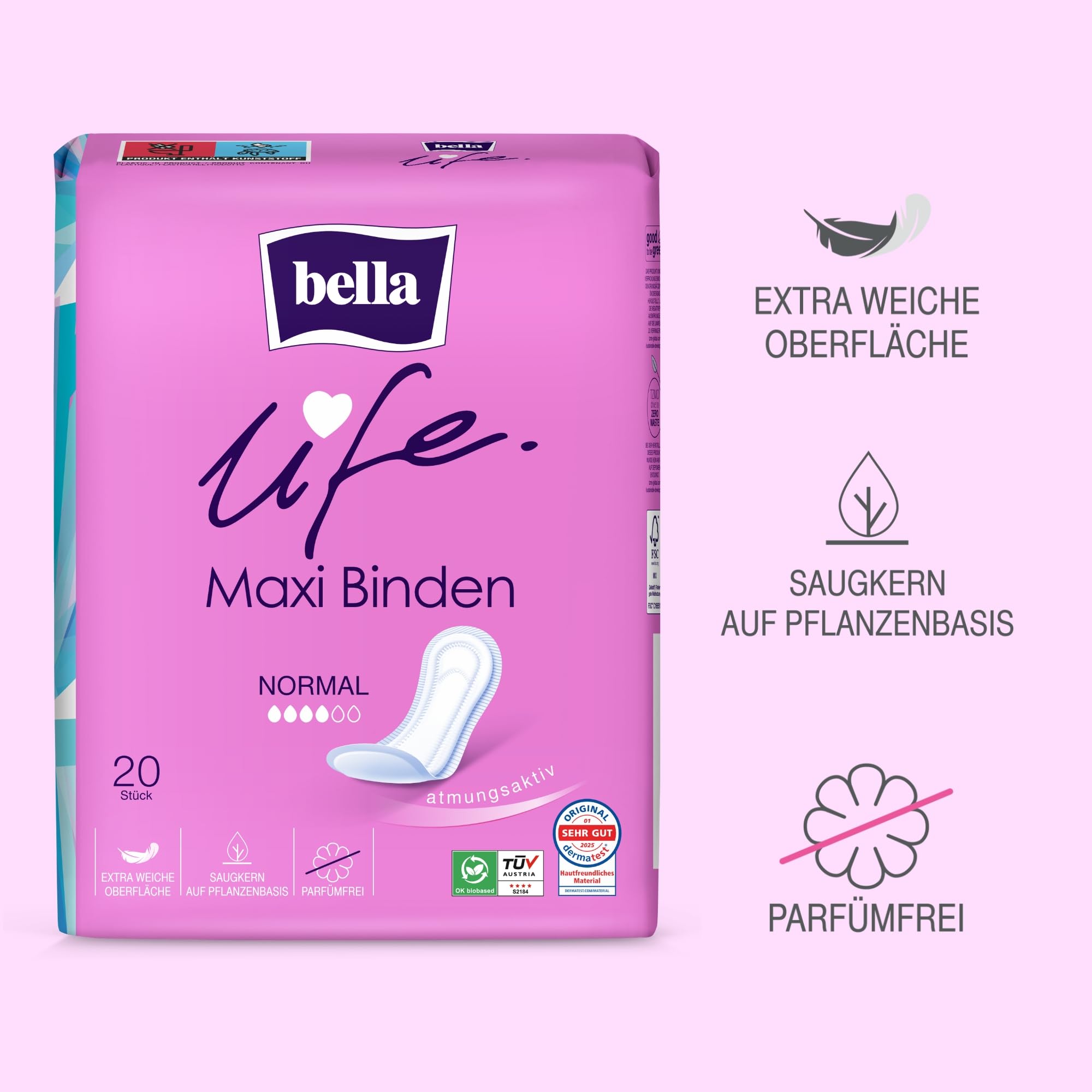 bella life Maxi Damenbinden ohne Flügel Normal 140 Stück (7x20) weich parfümfrei
