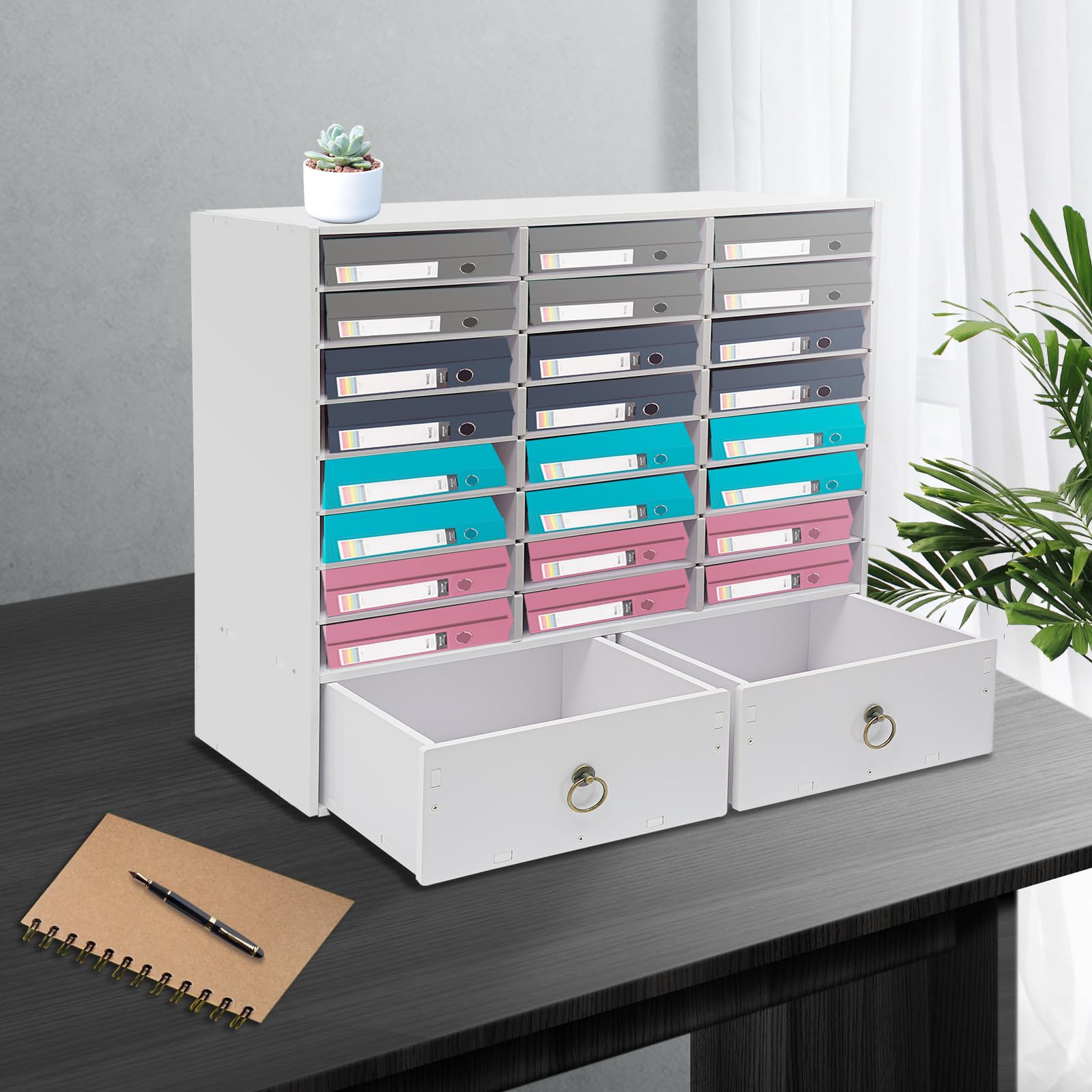 Organizzatore in PVC per documenti, ufficio, 24 scomparti e 2 cassetti, bianco, per l'uso in ufficio e soggiorno