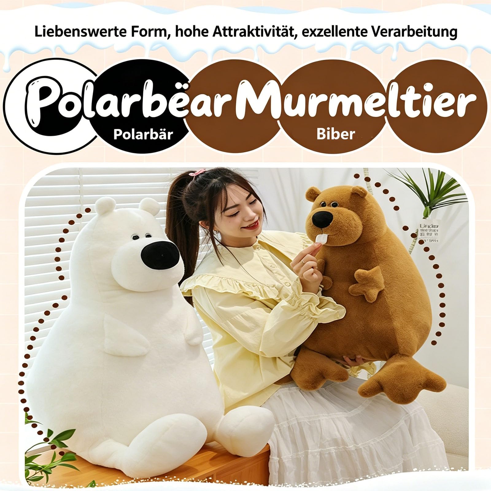 Eisbär Plüschtier Weiß, Murmeltier Plüschtier, Riesige Kuschel Teddybär Kuscheltier, Flauschiger Stofftier zum Spielen, Teddybär gefülltes Tier Plüsch Spielzeug Geschenk für Kind Freundin (60cm,Weiß)
