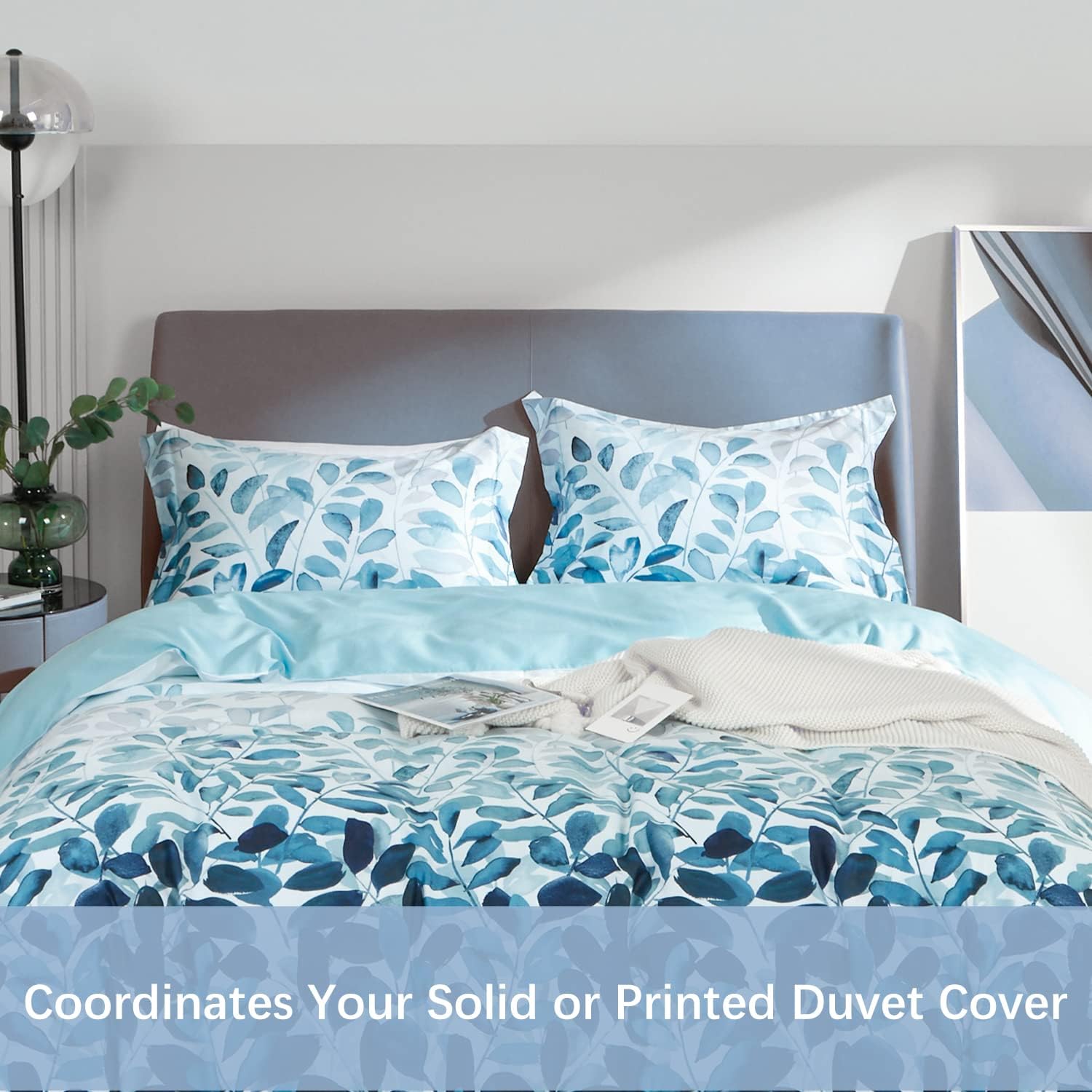 MILDLY 100% Long-Staple Cotton Pillow Shams - Gradient Blue Leaf Printed Envelope Pillowcases King Size 20"x36" 2pcs