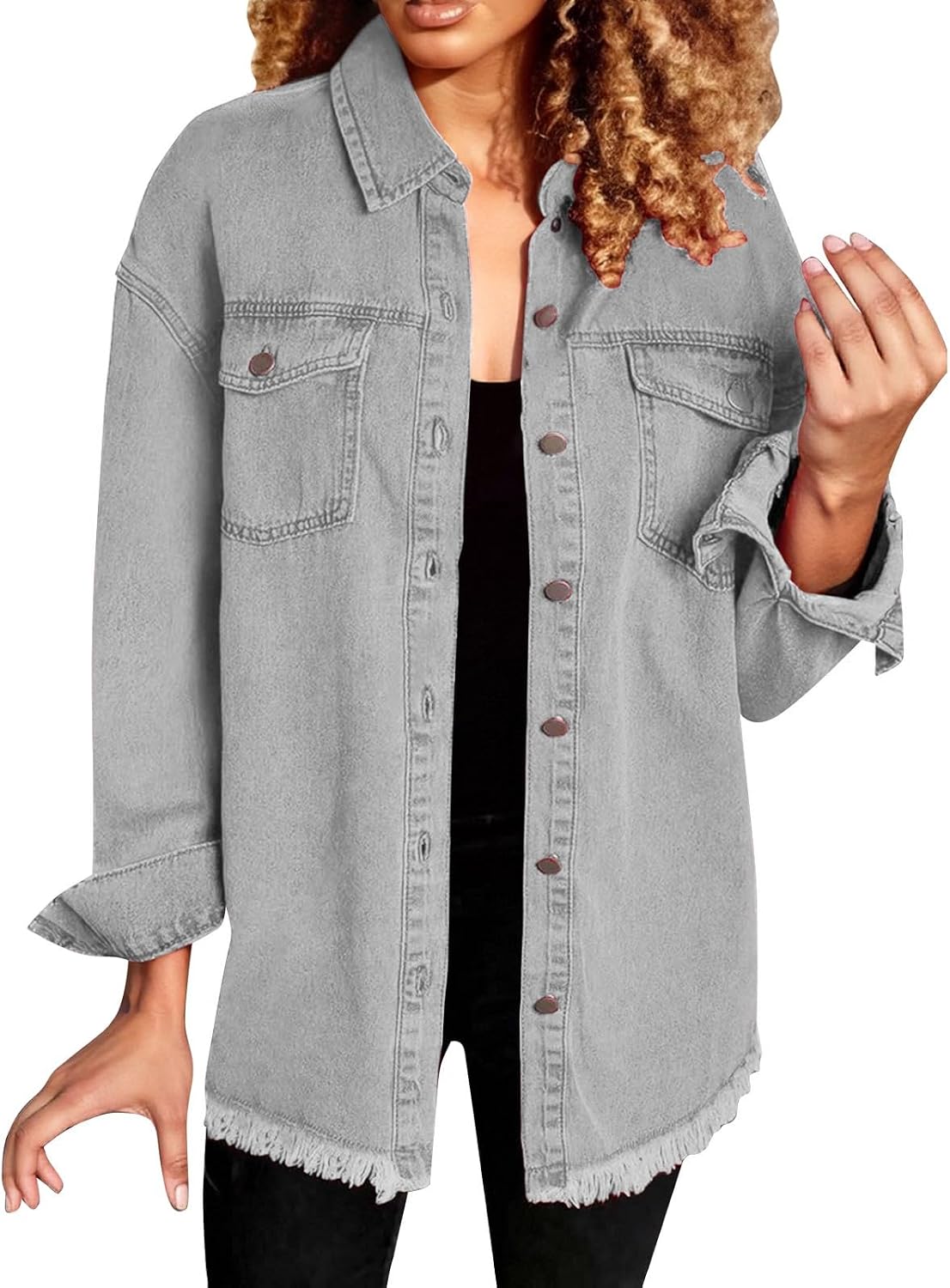 Veste En Jean Femme Oversized – Denim Vintage, Manches Longues, Poches Avant, Ourlet Effiloché, Printemps Automne
