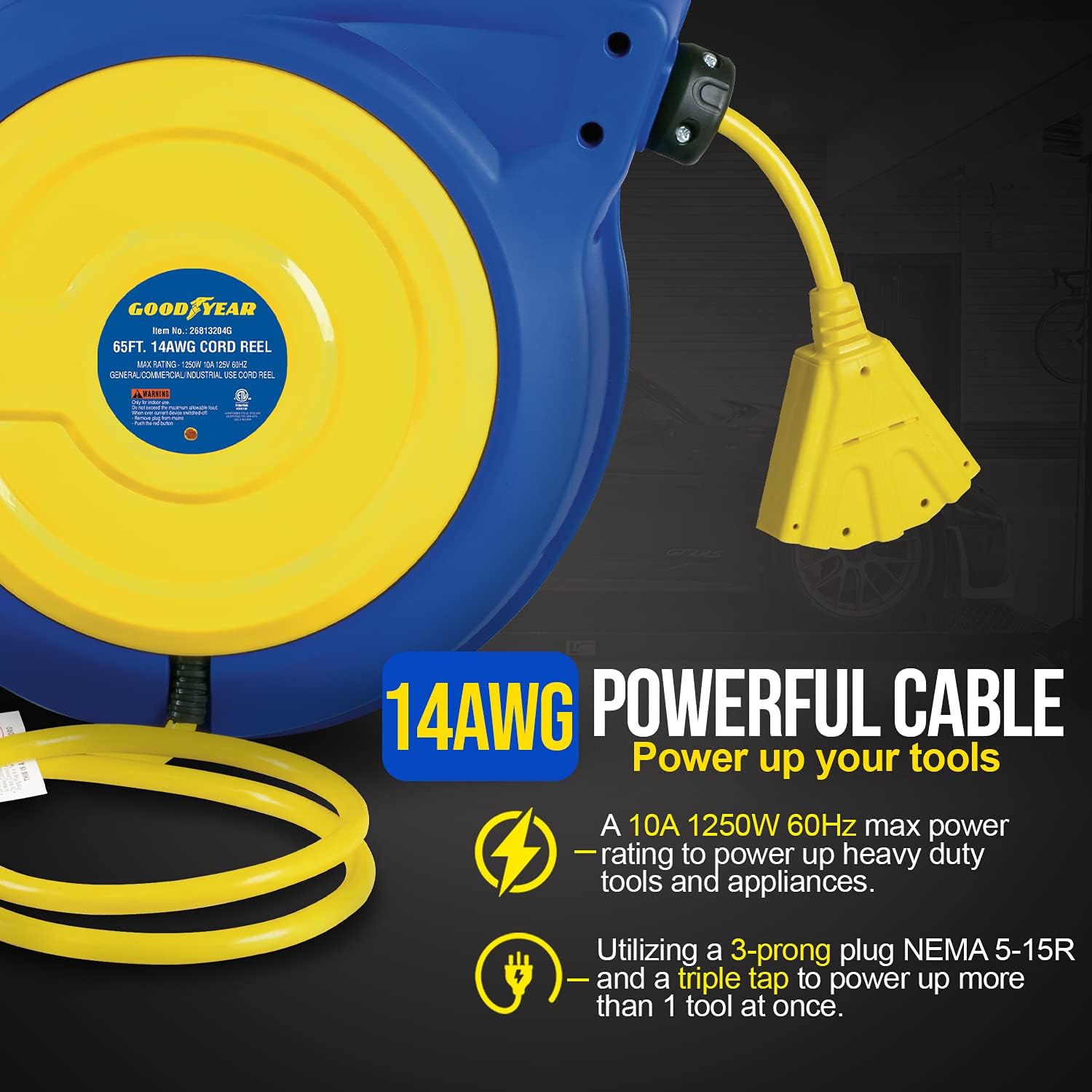 Lowest Price Goodyear Extension Cord Reel Retractable 14AWG x 65' Foot 3C/SJTOW Commercial Cable Triple Tap Connector Power 10A 125VAC 1250W Flash Deals - 50% OFF Goodyear Extension Cord Reel Retractable 14AWG x 65' Foot 3C/SJTOW Commercial Cable Triple Tap Connector Power 10A 125VAC 1250W