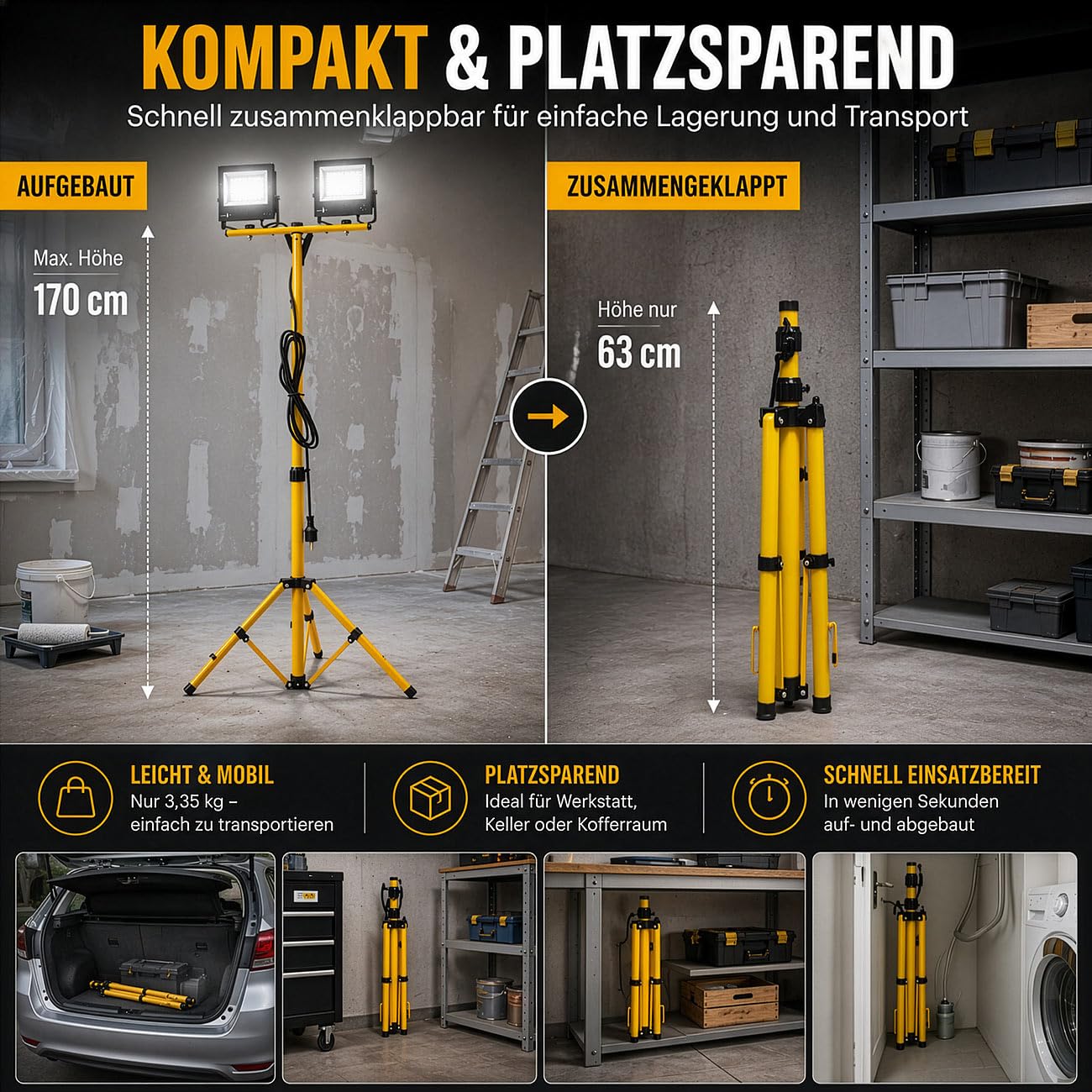 Lunartec faro da lavoro a LED: Proiettore telescopico., 2 proiettori impermeabili: IP65, 50 Watt ciascuno (proiettore doppio, lampada da cantiere)