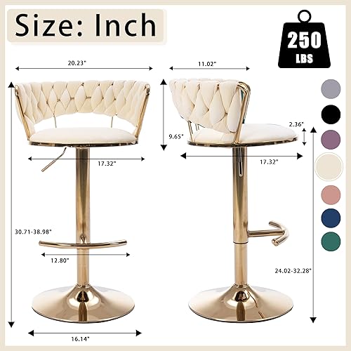 Miniatura 53 de Juego de 2 taburetes de bar de terciopelo giratorios con base de metal dorado, taburetes de bar modernos de altura de mostrador para cocina, pub,