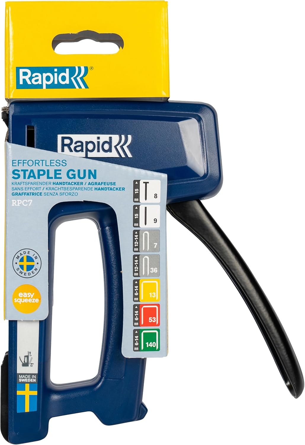 Heavy Duty Staple Gun for Wood - 7-in-1 Wall Stapler - Versatile for DIY, Upholstery, Cables and Carpet - Heavy and Light Duty - Up to 50% Easier to Squeeze - Made in Sweden - Rapid RPC7