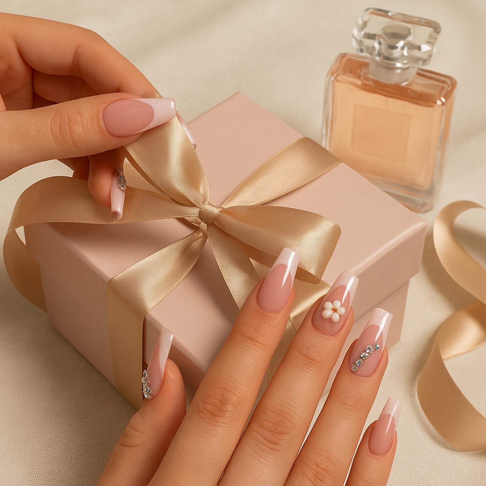 Nude Peach French Style Artificial Nail Tips with Glittery Pink Tips and Flower Rhinestone Accents - Image 3