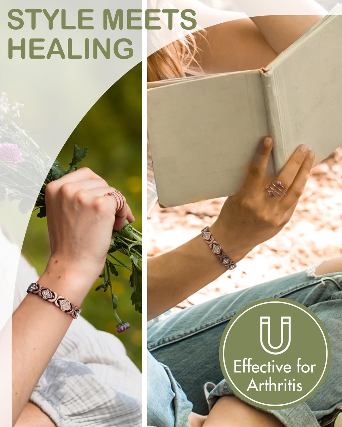 Feraco Pure Copper Bracelets & Rings for Women, Ultra Strength Magnetic Bracelet for Women with Neodymium Magnets & Sparkling Cubic Zirconia, Adjustable, Infinite Clover Jewelry - Image 2