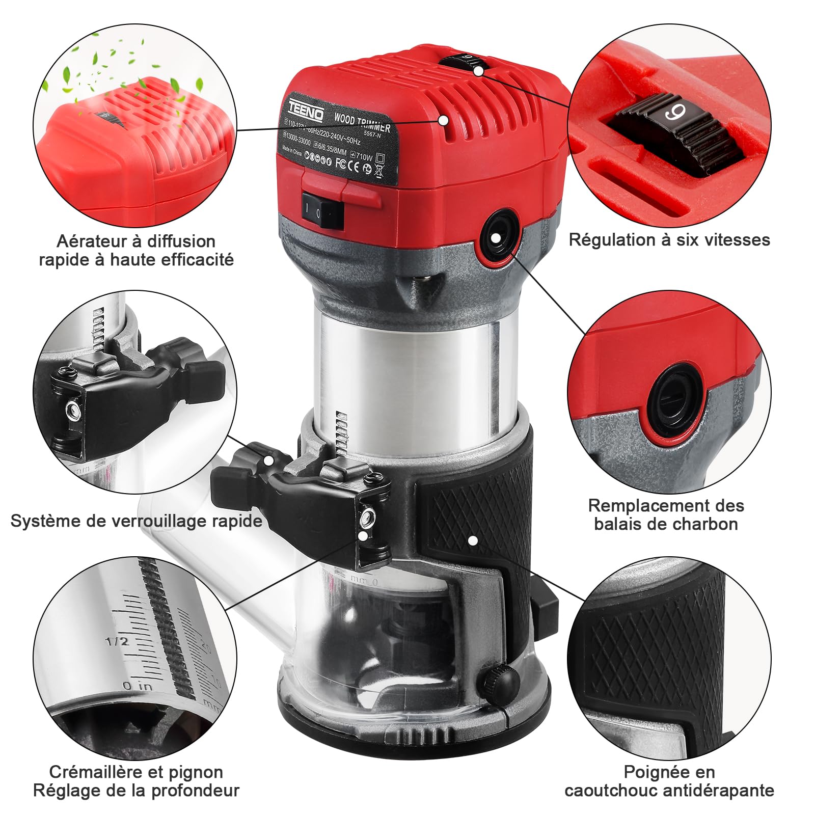TEENO à Bois Défonceuse Affleureuse électrique 800W, Affleureuse à Bois Défonceuse 13000-33000RPM,15 Fraises à Défoncer Queue de 1/4",6 Vitesses Variables,3 Pinces de 6/6.35/8mm,Boite en Plastique