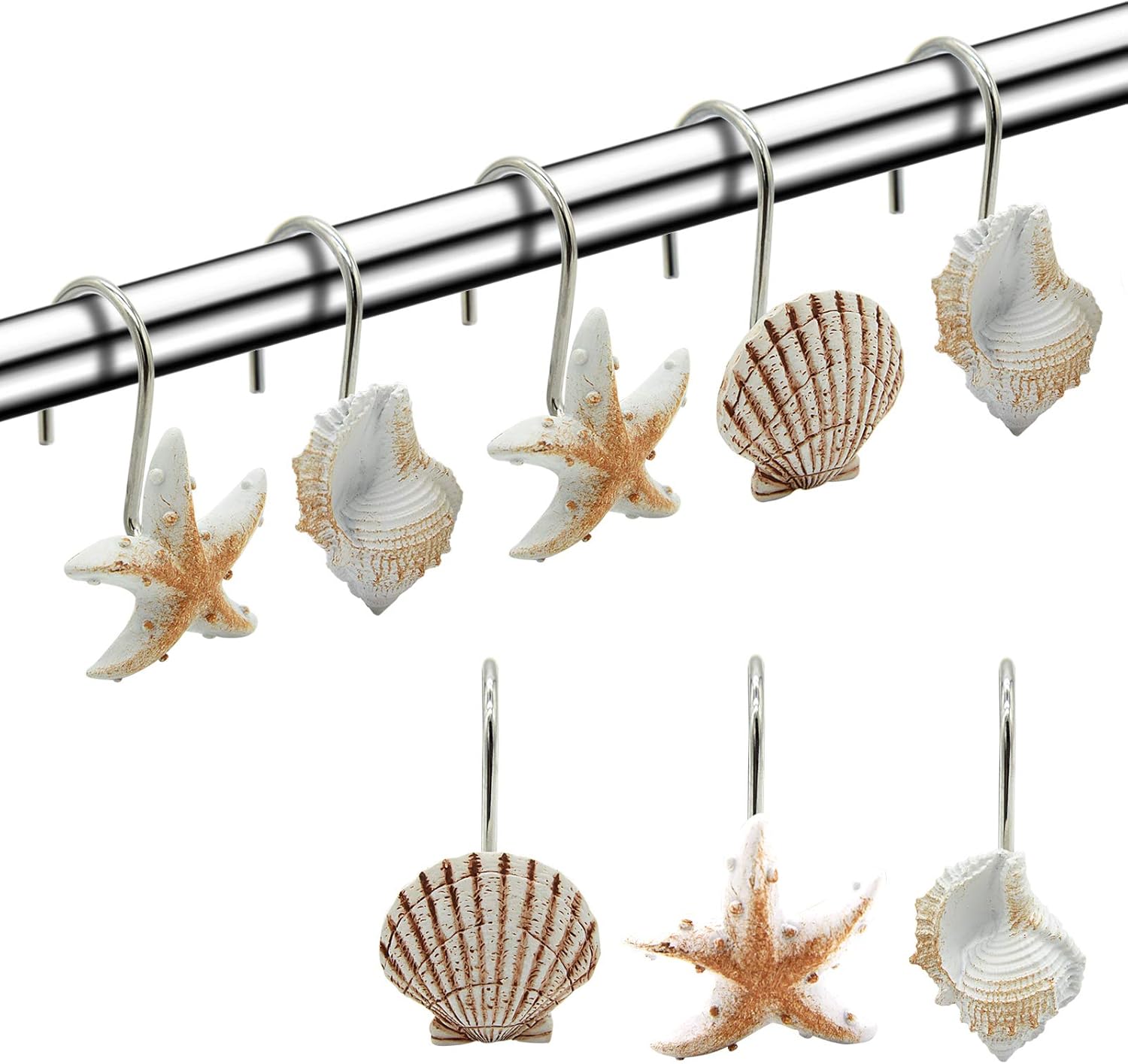 FINROS Seashell Shower Curtain Hooks，12PCS Anti Rust