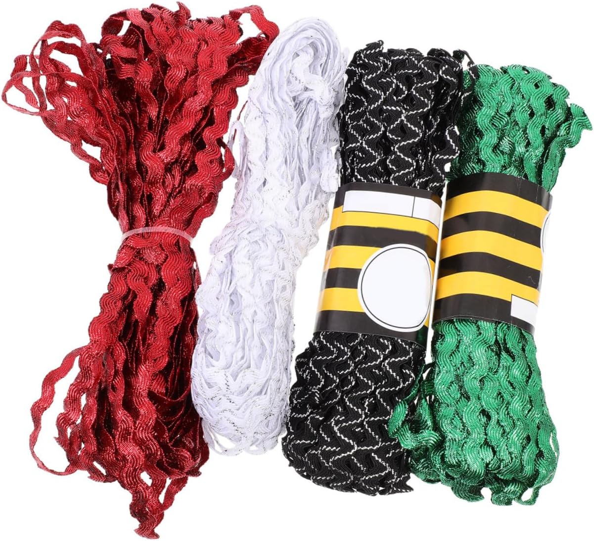 4 Rolls 5mm Waving Rickrack Sewing Ribbon Trim for DIY Crafts, Red Green White Black, Decorative Edging Ribbon for Dressmaking and Sewing Projects