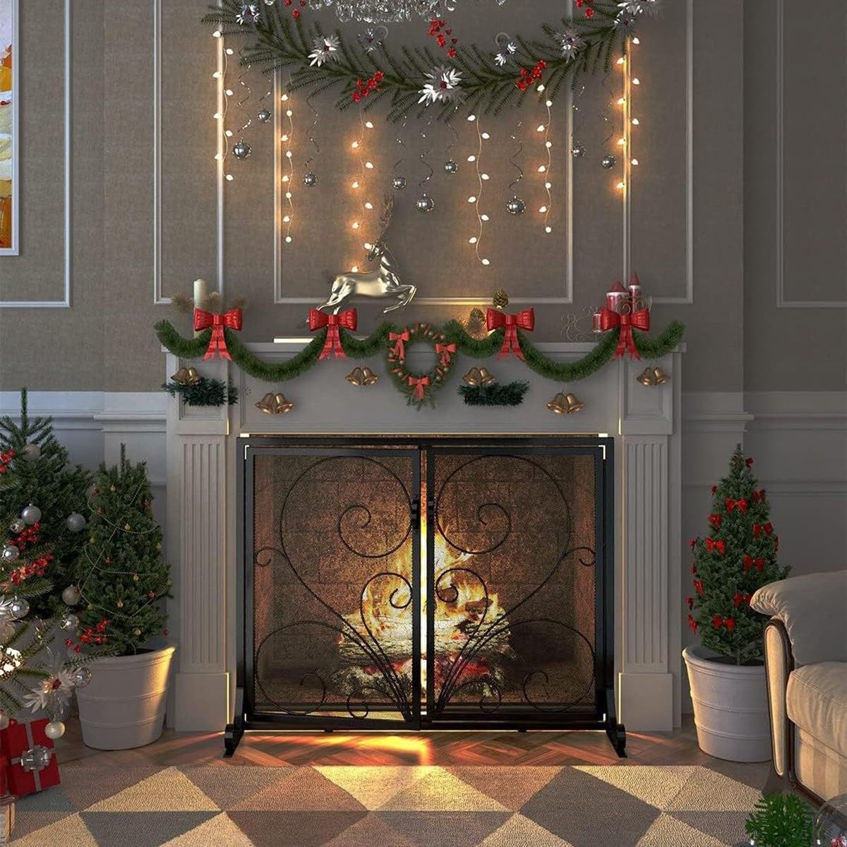 Protector Chimenea Plano con Puertas De Hierro Forjado, Malla Metálica Salvachispas Chimenea, Pantalla Decorativa con Diseño De Rollos para Chimeneas De Hogar