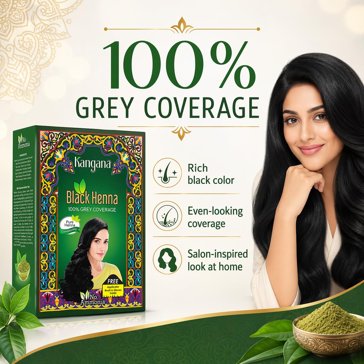 Kangana Black Henna for 100% Grey Coverage - Natural Hair Dye