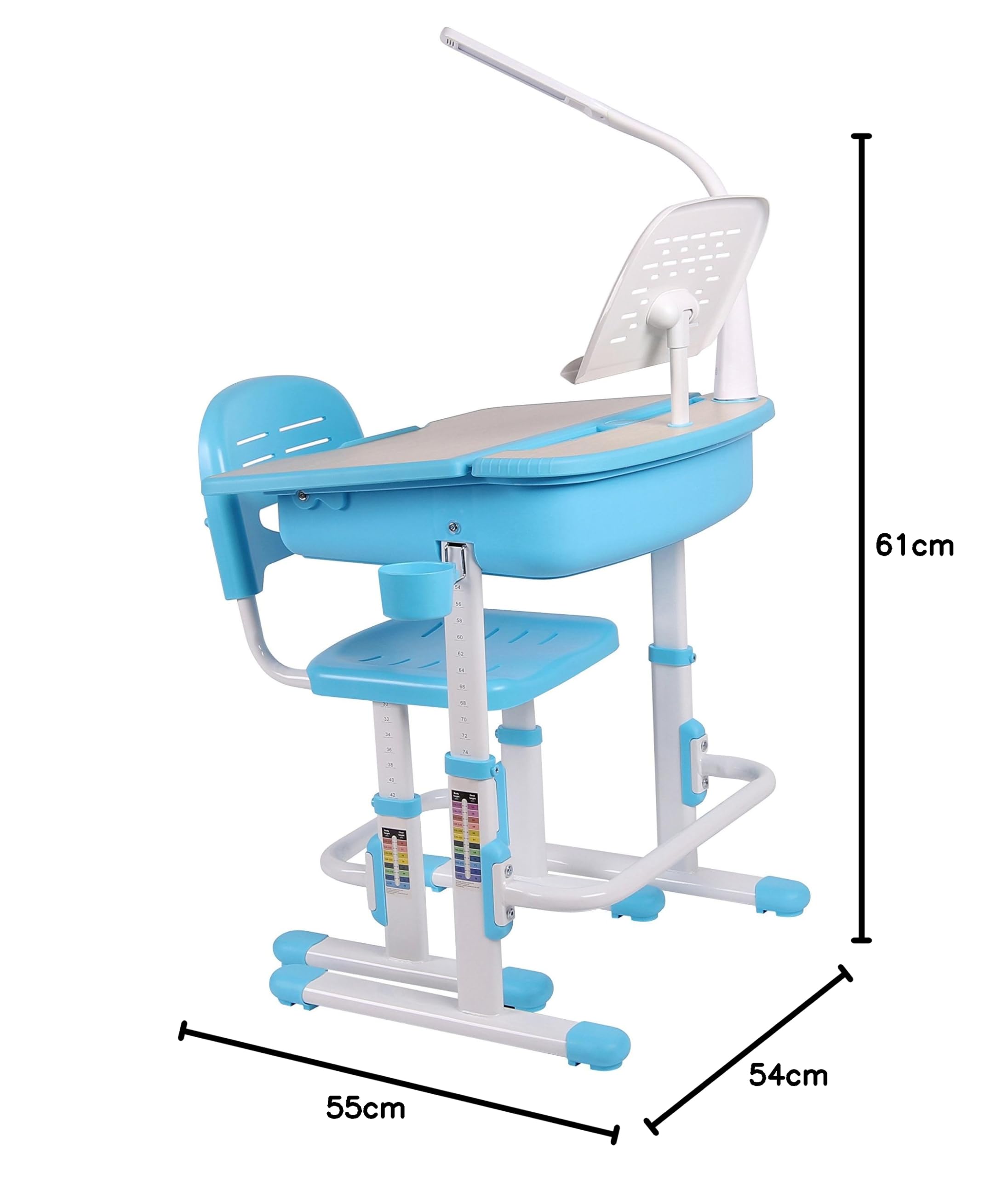 Leomark Bureau Ergonomique avec Une Chaise et Lampe pour Enfants Couleur Bleu Réglage en Hauteur - Tabouret d'enfants Apprendre et s'Amuser Chambre d'enfants Equipement de Salle