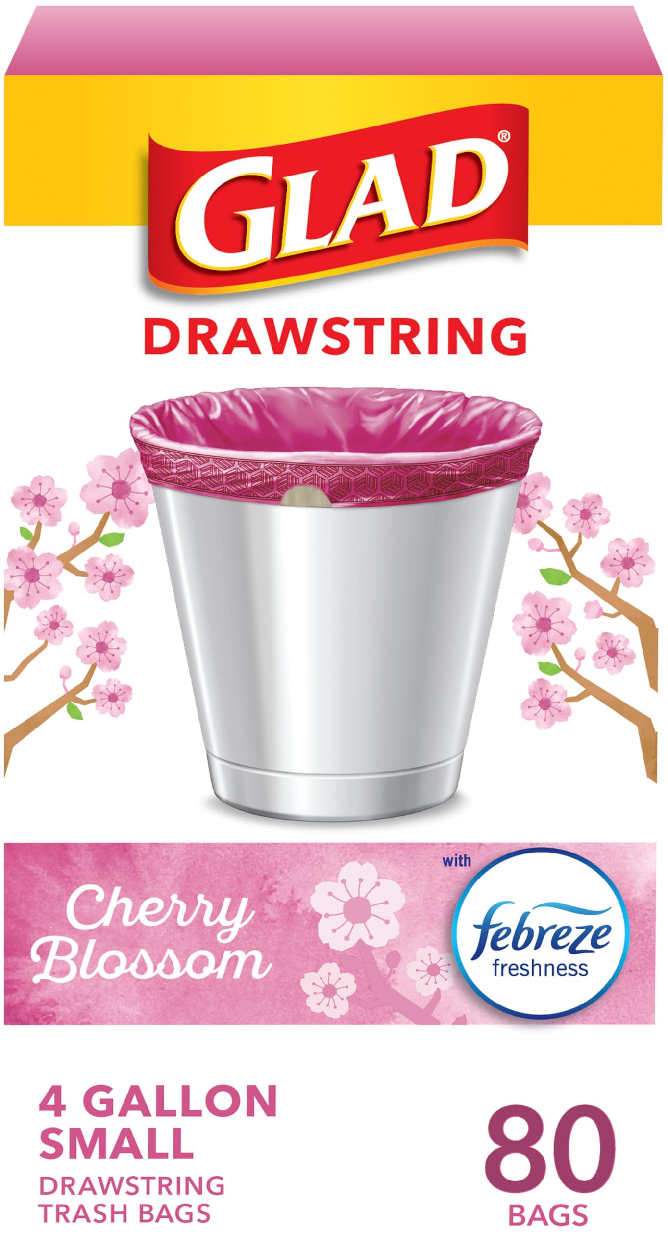 Glad Trash Bags, OdorShield Small Drawstring Garbage Bags, 4 Gallon Trash Bag, Febreze Cherry Blossom, 80 Count (Package May Vary)